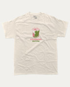 Strawberry Matcha graphic tee with retro matcha print, funny and trendy graphic. Perfect for adults and gift-giving. Cream shirt.