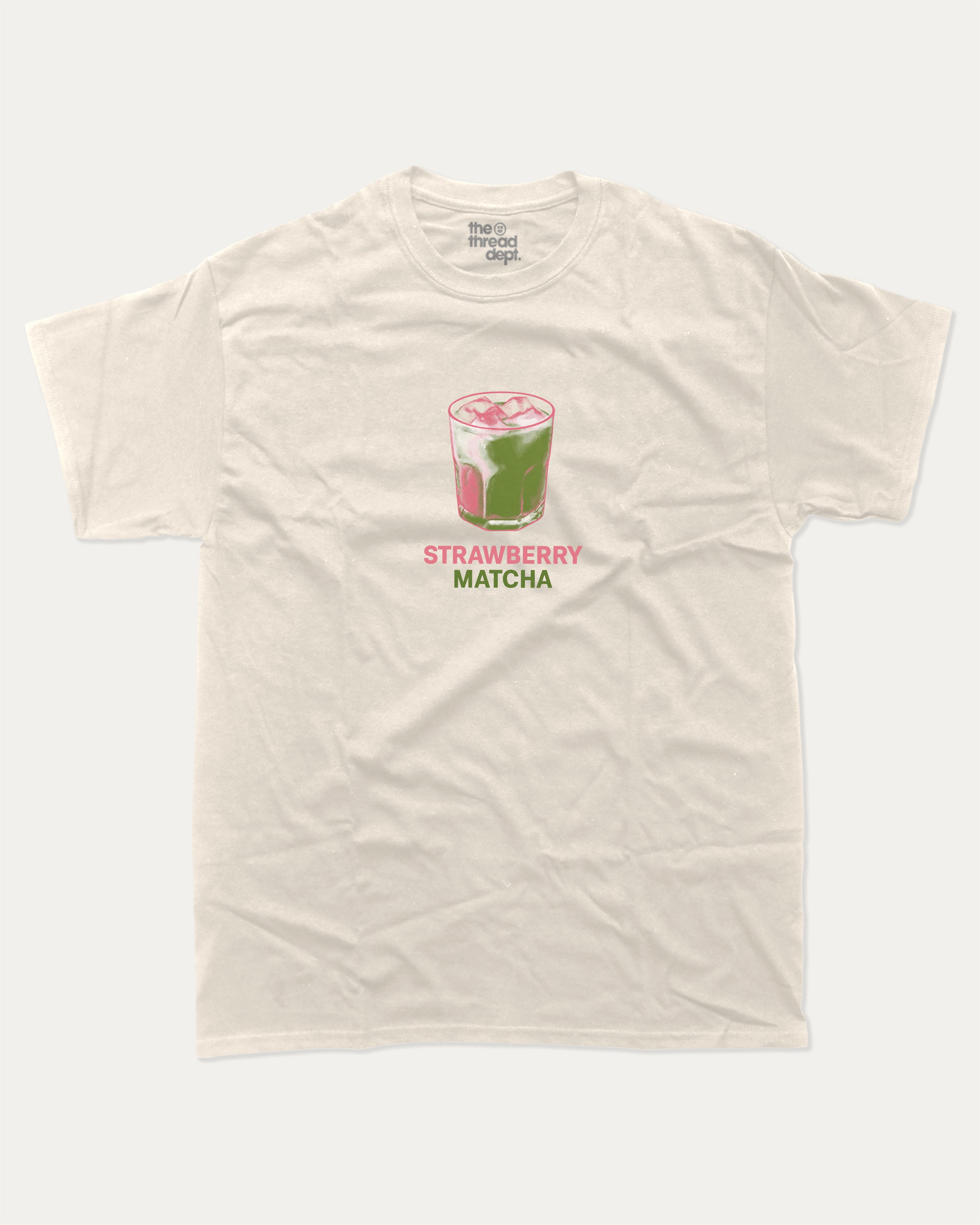 Strawberry Matcha graphic tee with retro matcha print, funny and trendy graphic. Perfect for adults and gift-giving. Cream shirt.