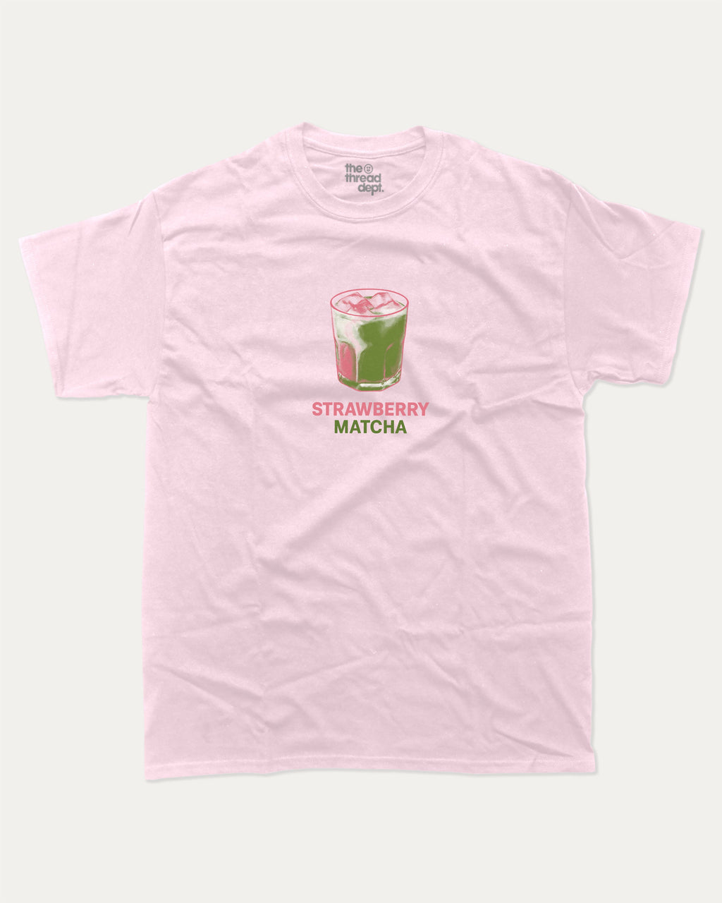 Strawberry Matcha graphic tee with retro matcha print, funny and trendy graphic. Perfect for adults and gift-giving. Pink shirt.