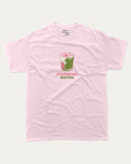 Strawberry Matcha graphic tee with retro matcha print, funny and trendy graphic. Perfect for adults and gift-giving. Pink shirt.