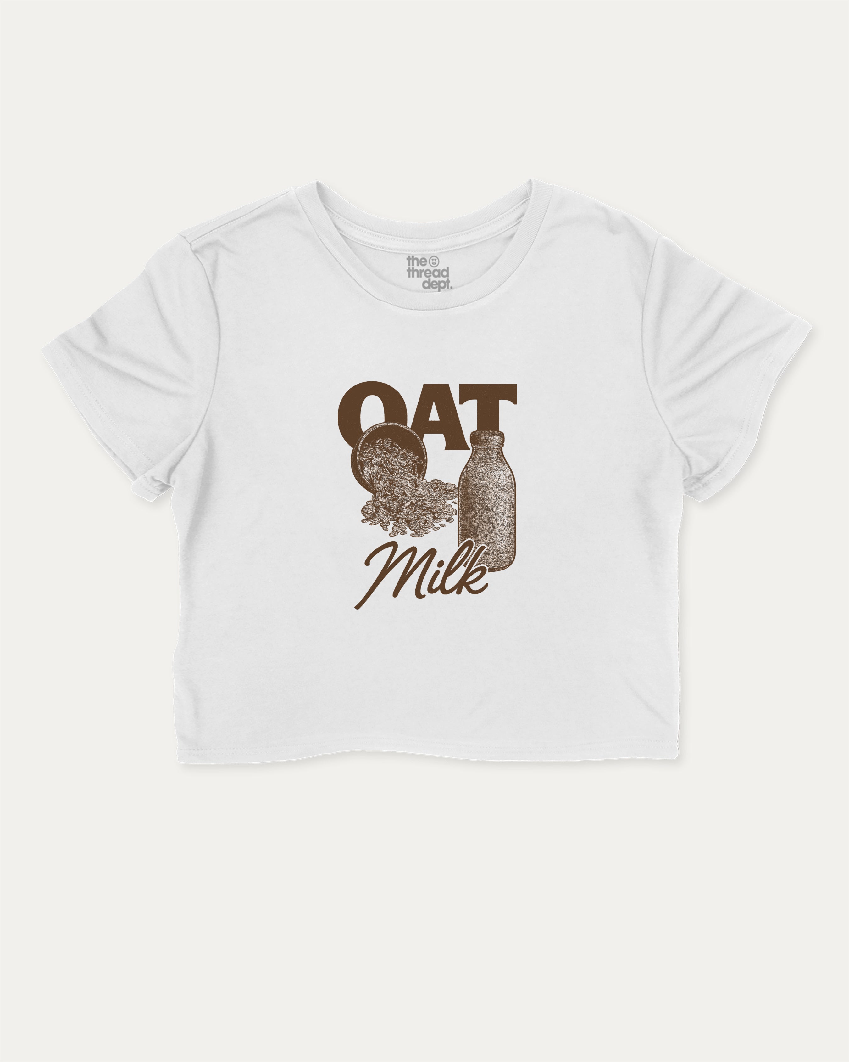 Vintage Oat Milk graphic crop tee with funny and trendy slogan print, perfect for women’s casual looks or layering. White crop t-shirt.