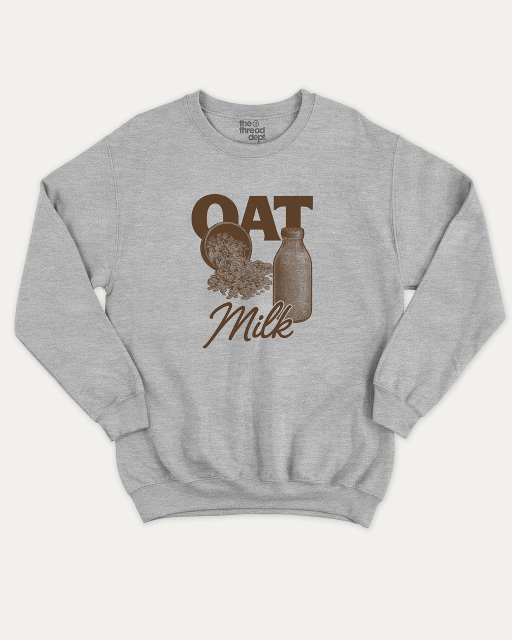 Vintage Oat Milk graphic pullover with bold and humorous print, funny and vintage graphic for everyday wear. Perfect funny gifts for friends. Heather Grey pullover.