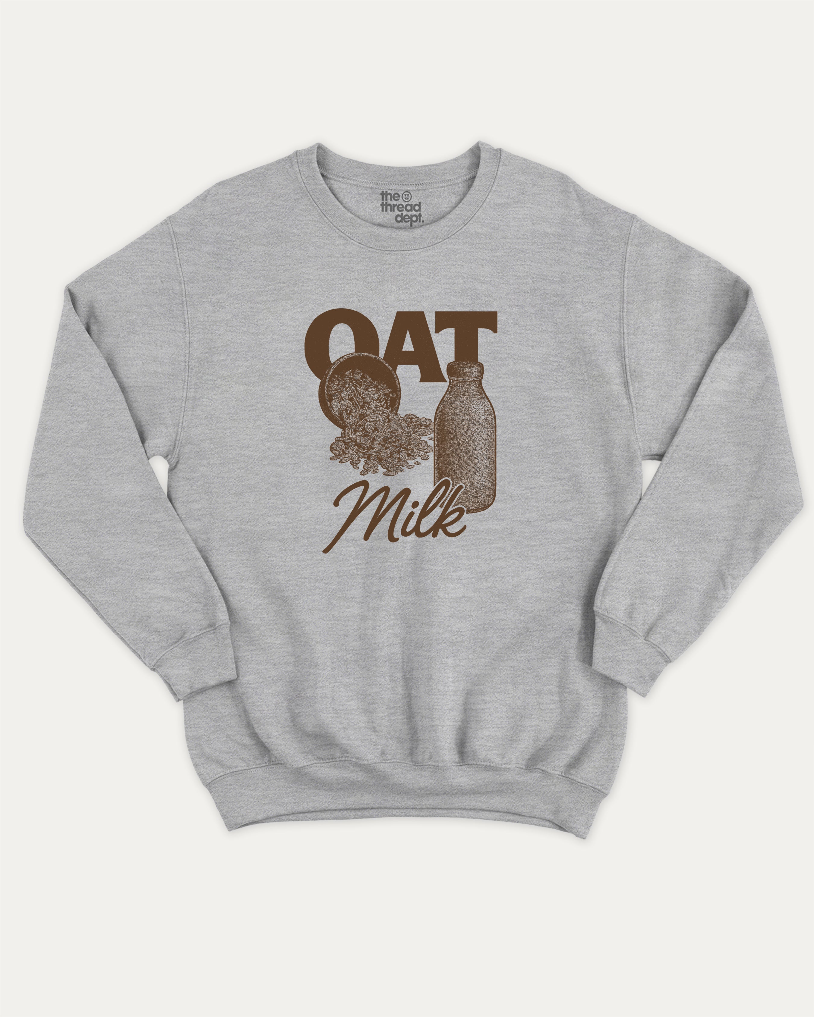 Vintage Oat Milk graphic pullover with bold and humorous print, funny and vintage graphic for everyday wear. Perfect funny gifts for friends. Heather Grey pullover.