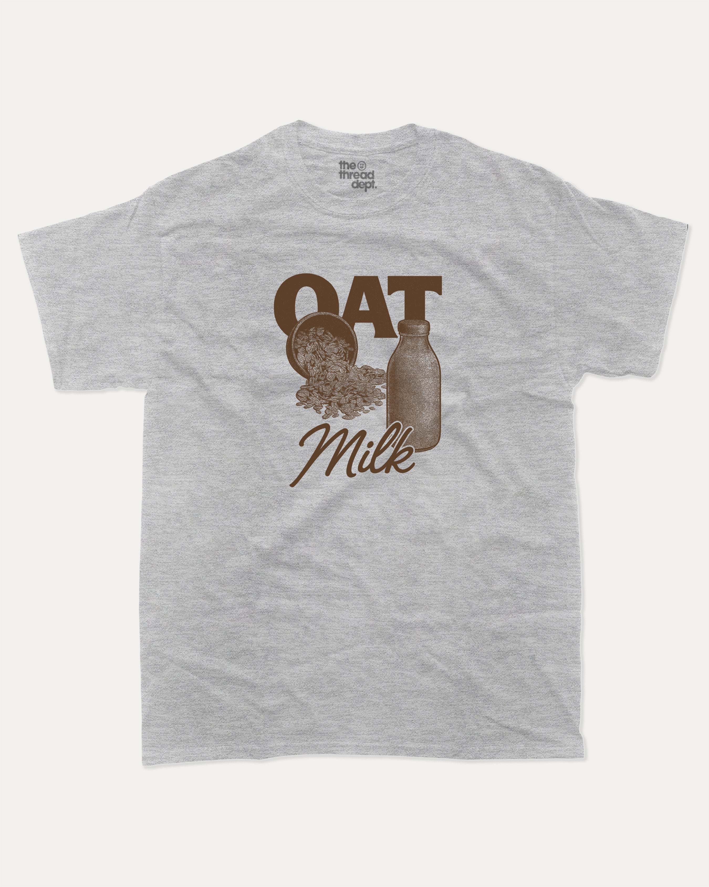 Vintage Oat Milk graphic t-shirt with bold and humorous print, funny and trendy graphic. Perfect funny gifts for friends. Heather Grey shirt.