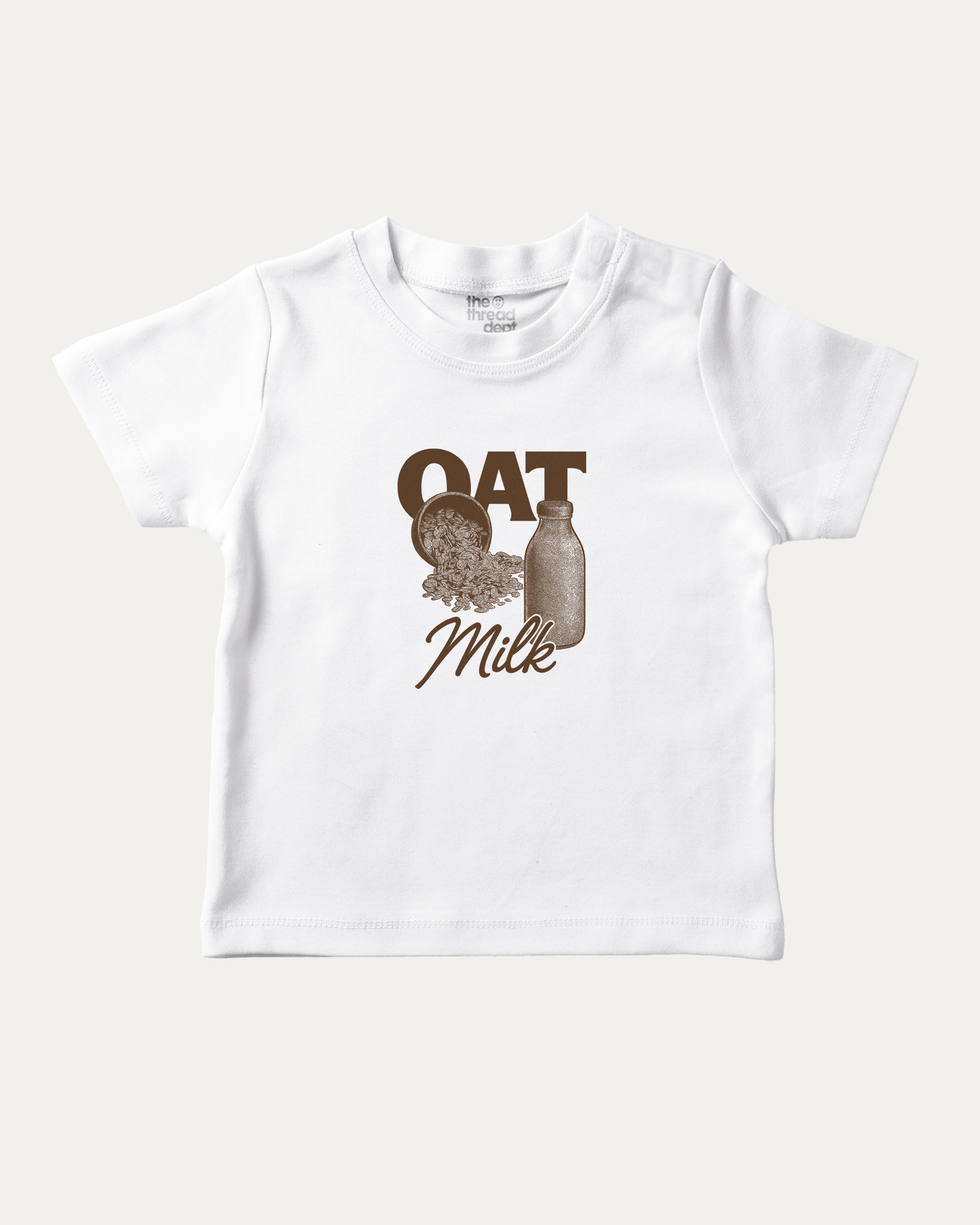Vintage Oat Milk graphic t-shirt with bold and humorous print, funny and trendy graphic. Perfect funny gifts for friends. White shirt.