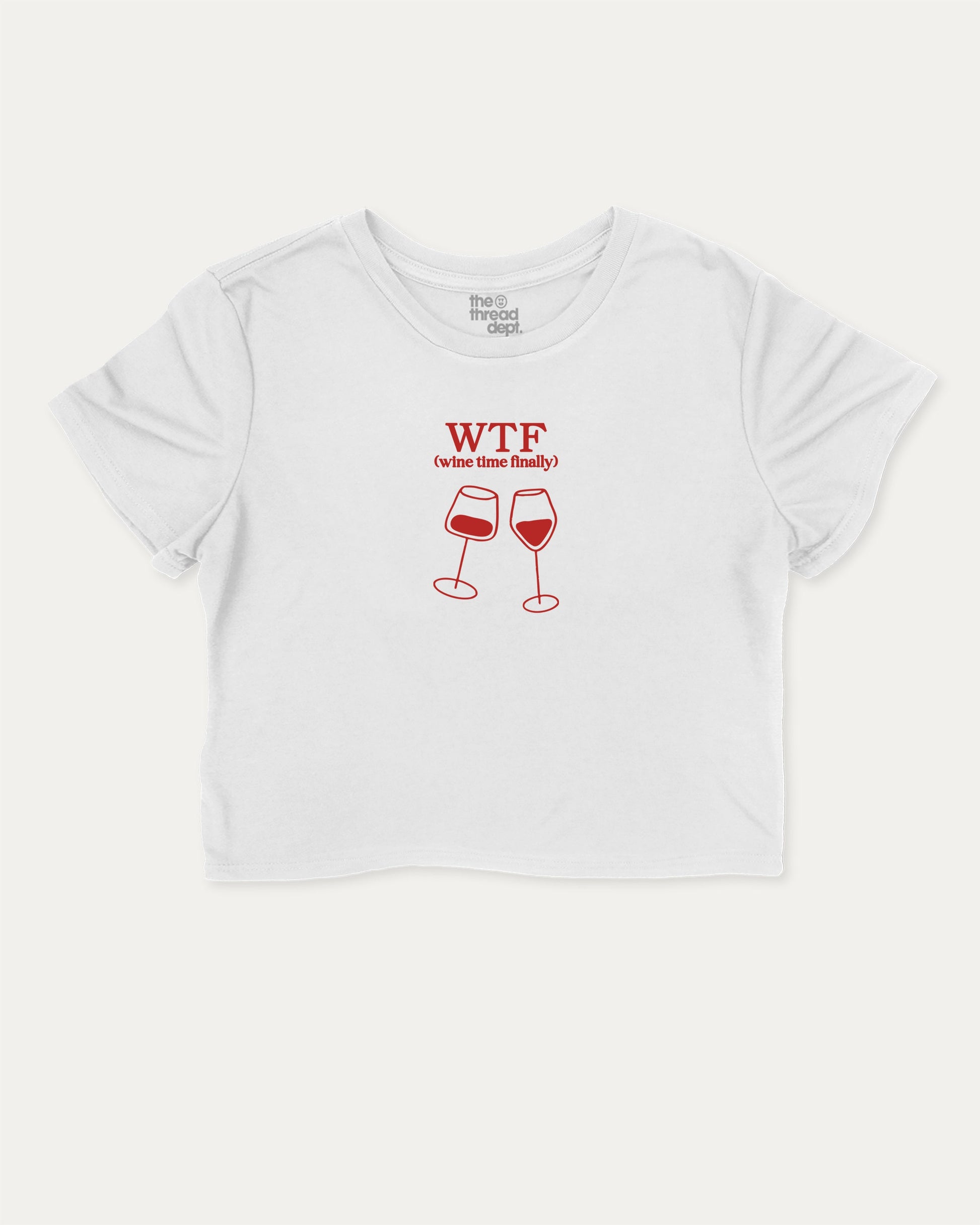 Wine Time Finally graphic crop tee with funny and trendy slogan print, perfect for women’s casual looks or layering. Gift to Wine Lover, Wine Graphic Cropped Tee,  White crop t-shirt.
