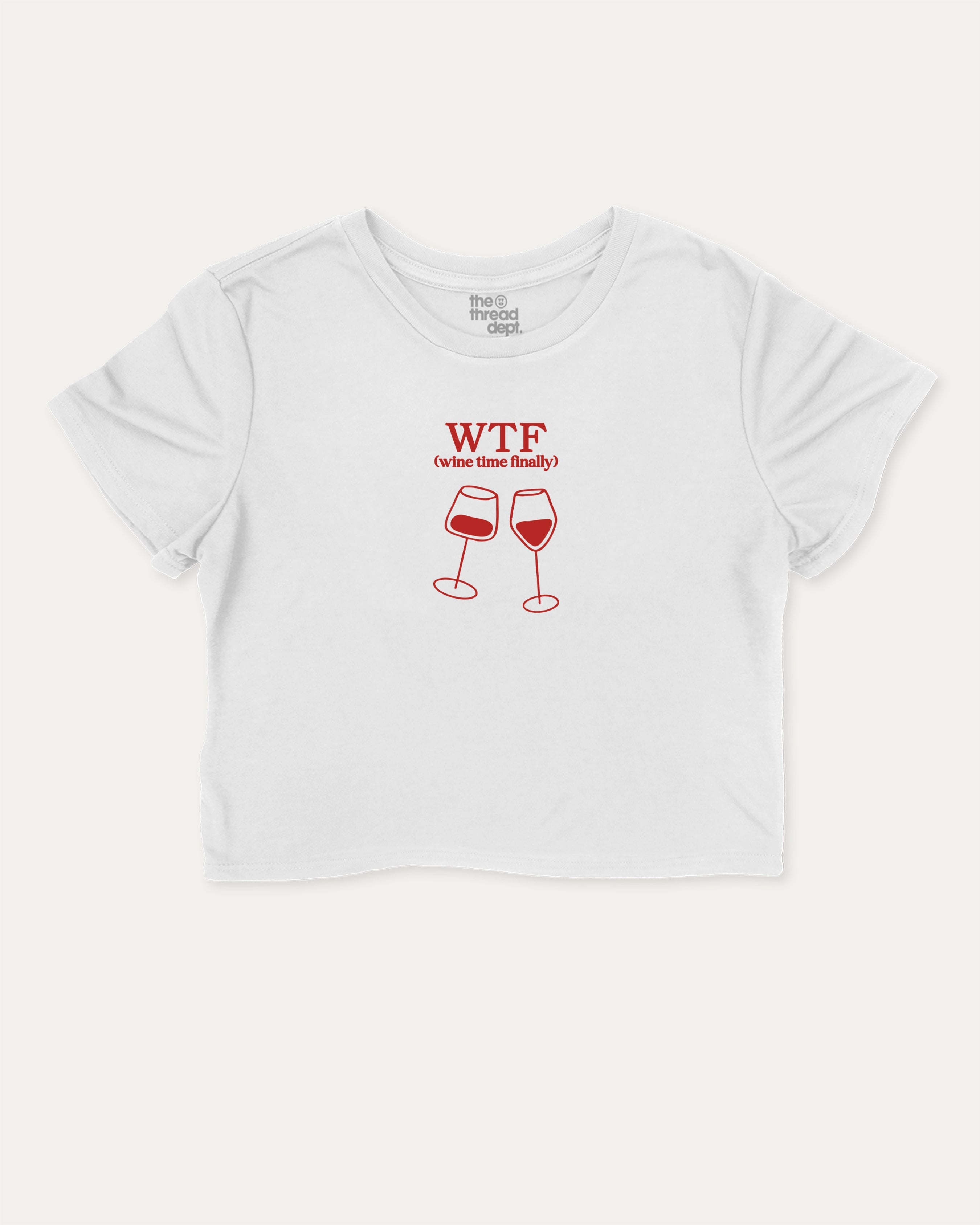 Wine Time Finally graphic crop tee with funny and trendy slogan print, perfect for women_ casual looks or layering. Gift to Wine Lover, Wine Graphic Cropped Tee,  White crop t-shirt.