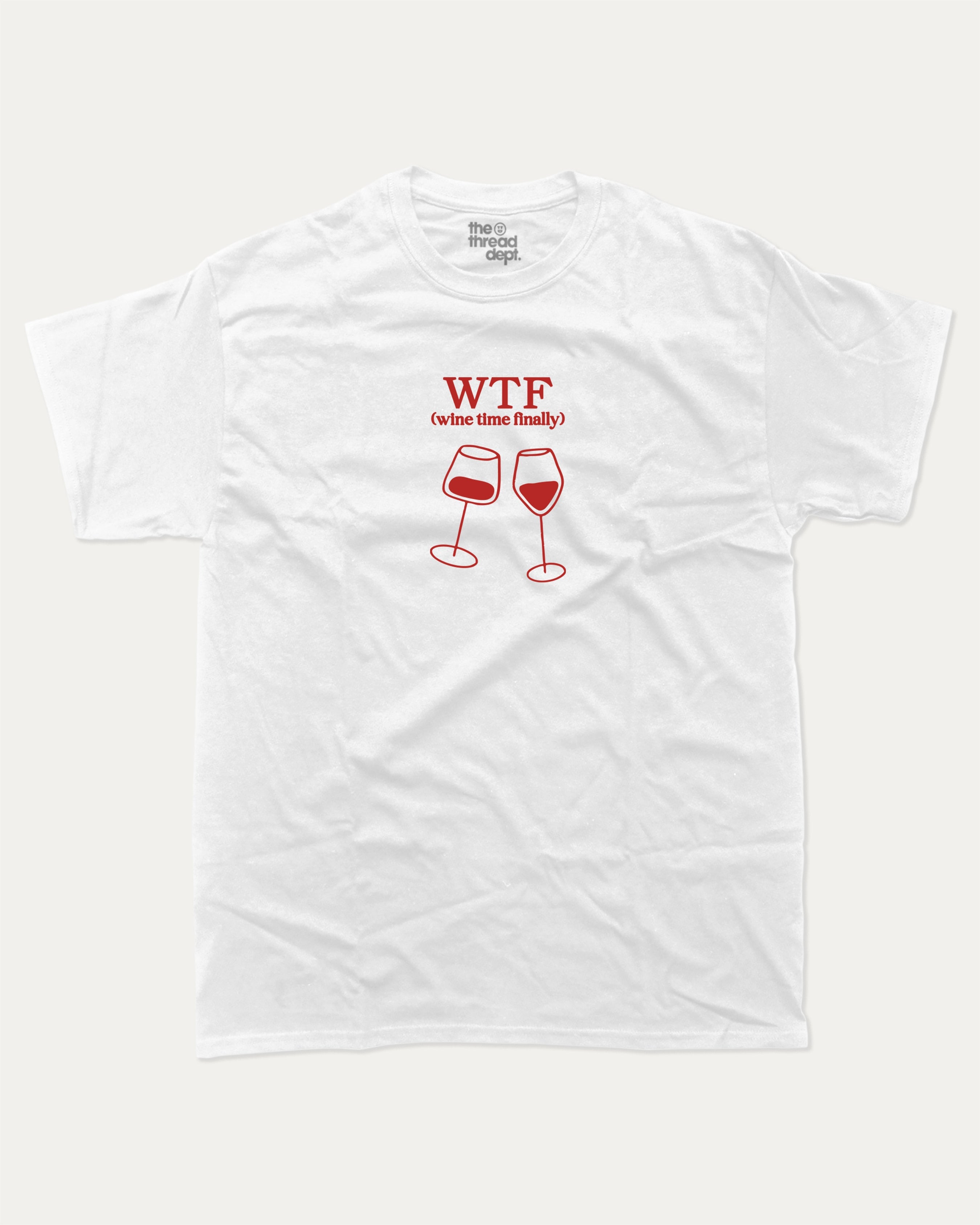 Wine Time Finally graphic tee with bold and humorous print, funny and trendy graphic. Gift to Wine Lover, Wine Graphic Tee,  Perfect for adults and gift-giving. White shirt.