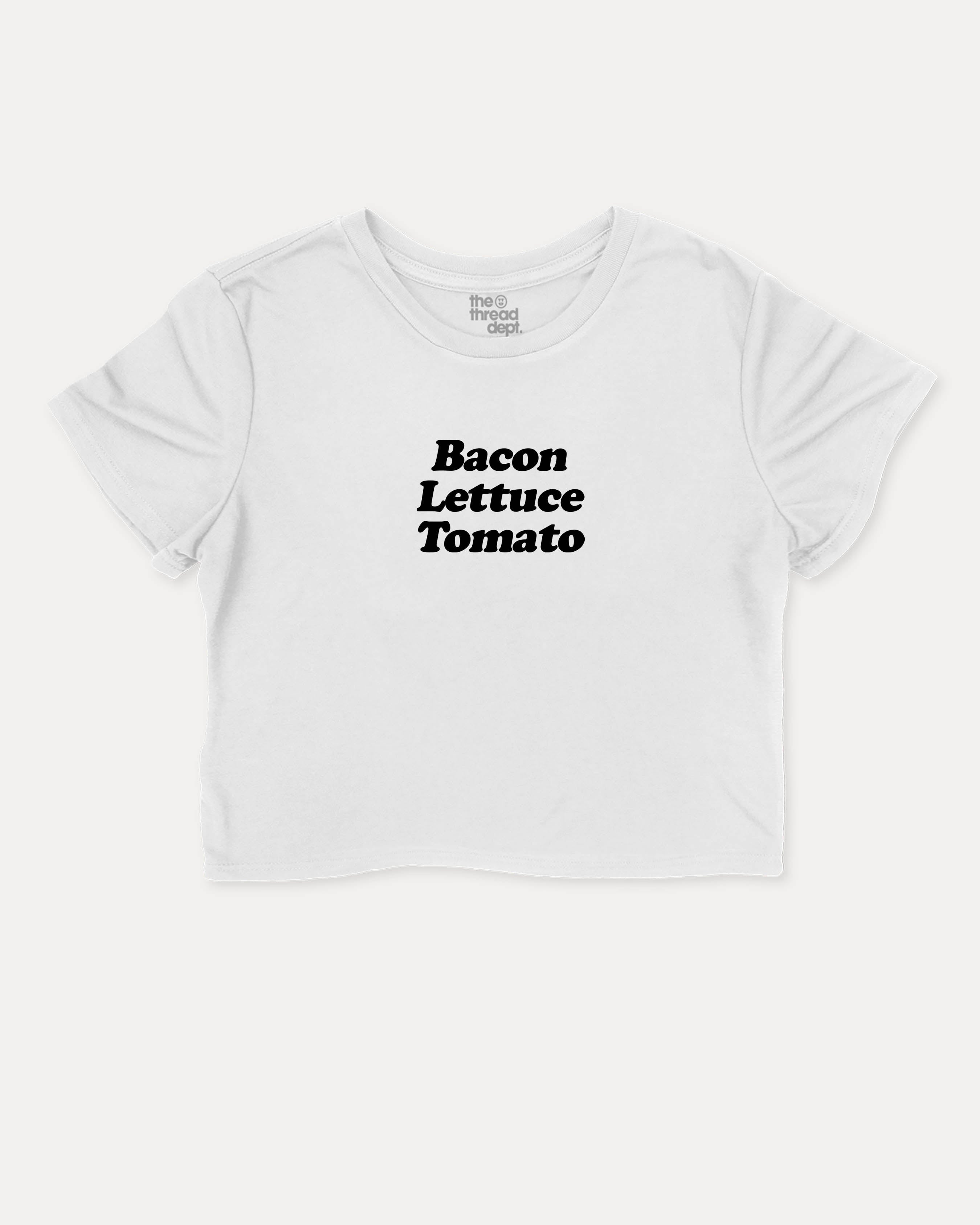 Bacon Lettuce Tomato graphic crop tee with funny and trendy slogan print, Gife For Hamburger Lovers, Hamburger Graphic T shirt, Food Graphic T shirt, Craving Graphic Tee, perfect for women’s casual looks or layering. White crop t-shirt.