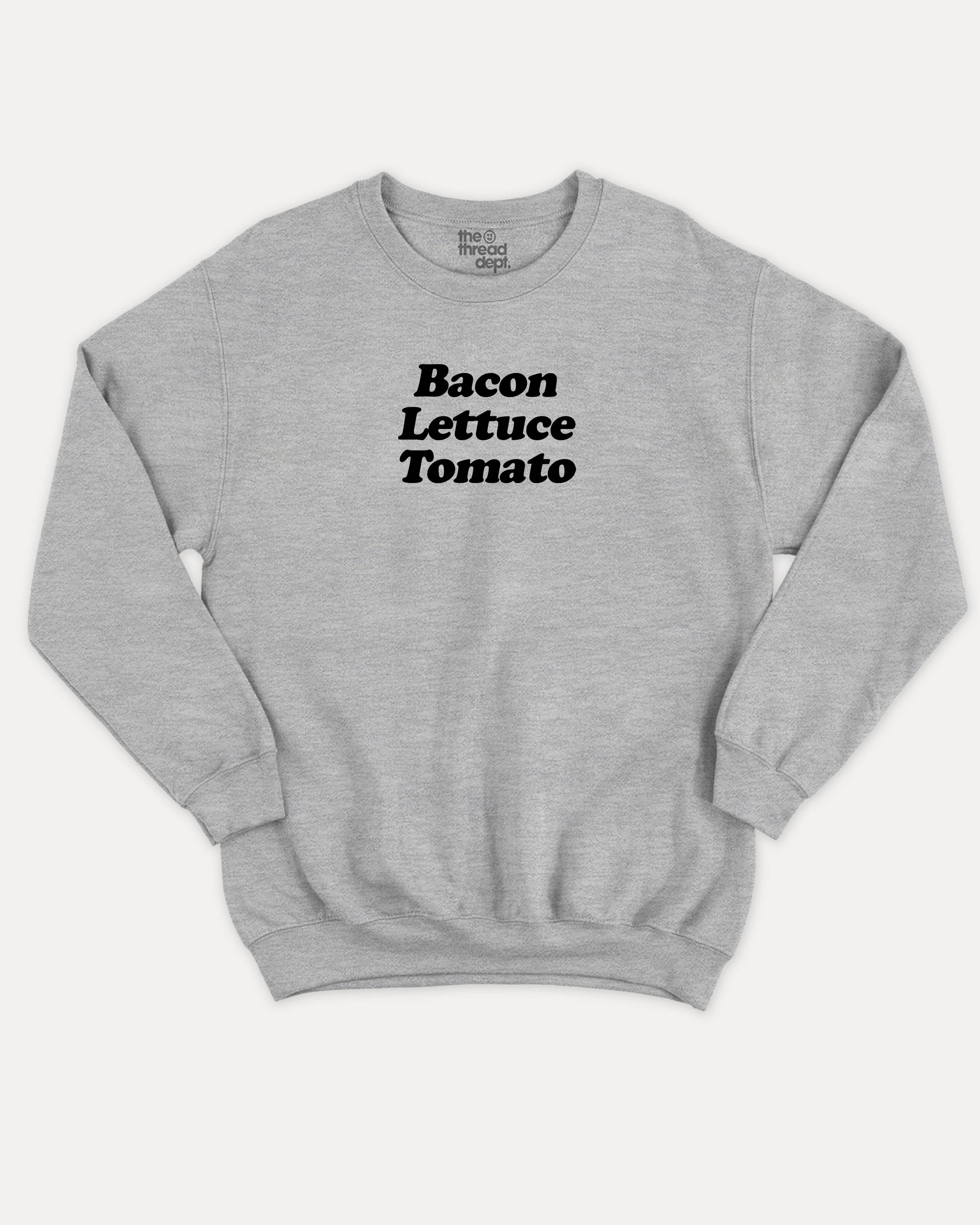 Bacon Lettuce Tomato graphic sweatshirt with bold and humorous print, Gife For Hamburger Lovers, Hamburger Graphic T shirt, Food Graphic T shirt, Craving Graphic Tee, warm and cozy graphic for everyday wear. Perfect for adults and gift-giving. Heather Grey pullover.
