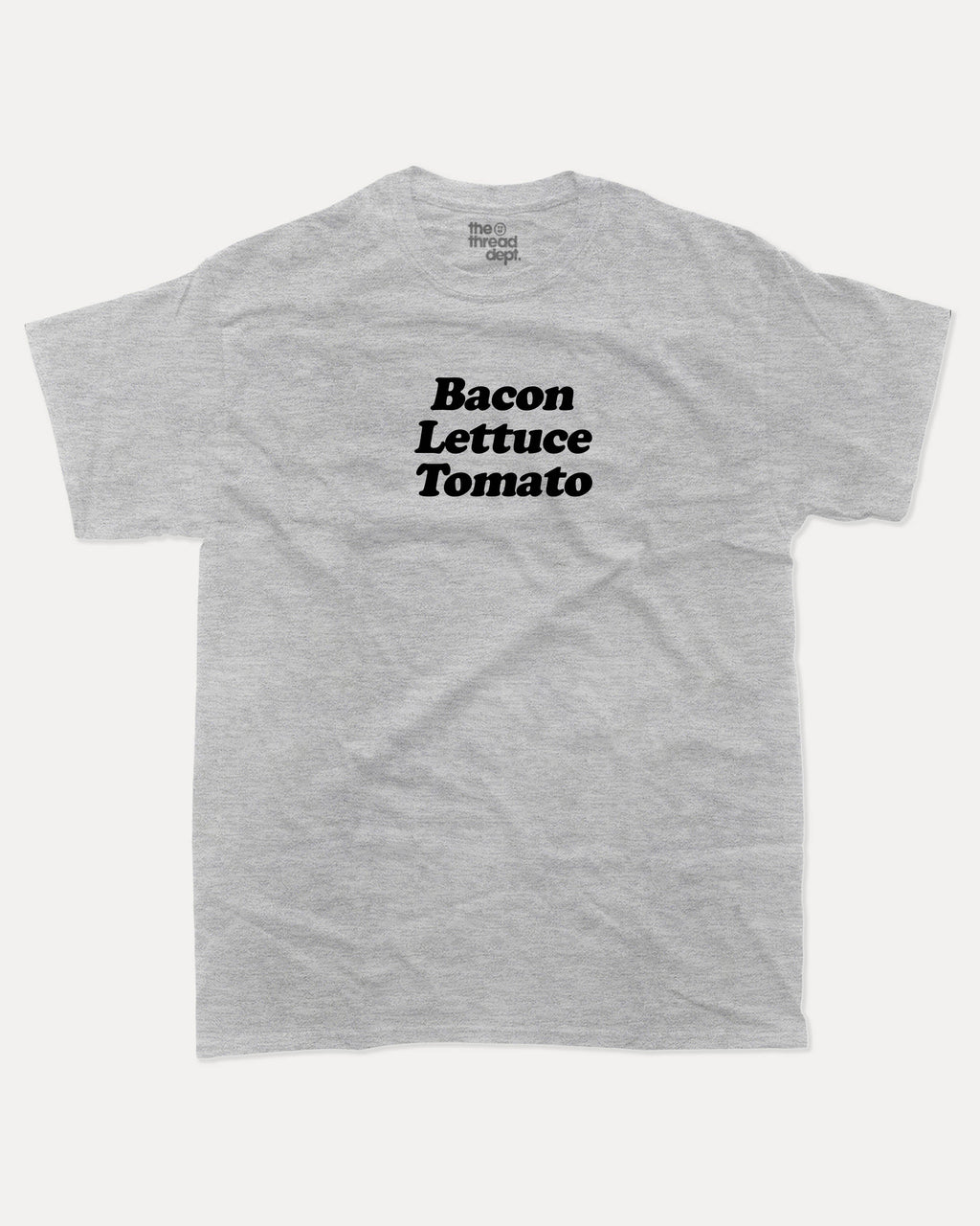 Bacon Lettuce Tomato graphic tee with bold and humorous print, Gife For Hamburger Lovers, Hamburger Graphic T shirt, Food Graphic T shirt, Craving Graphic Tee, funny and trendy graphic. Perfect for adults and gift-giving. Heather Grey shirt.