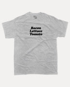 Bacon Lettuce Tomato graphic tee with bold and humorous print, Gife For Hamburger Lovers, Hamburger Graphic T shirt, Food Graphic T shirt, Craving Graphic Tee, funny and trendy graphic. Perfect for adults and gift-giving. Heather Grey shirt.