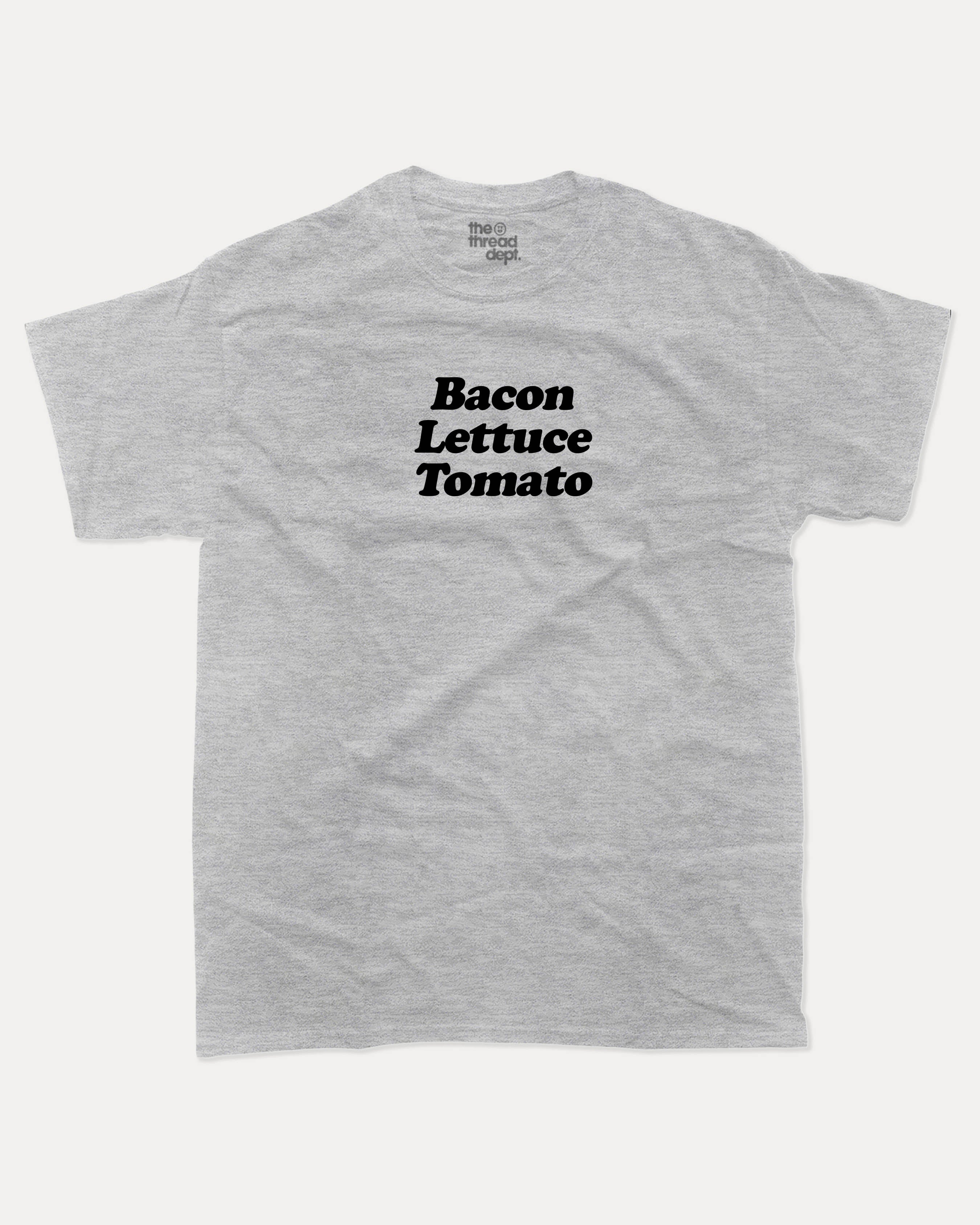 Bacon Lettuce Tomato graphic tee with bold and humorous print, Gife For Hamburger Lovers, Hamburger Graphic T shirt, Food Graphic T shirt, Craving Graphic Tee, funny and trendy graphic. Perfect for adults and gift-giving. Heather Grey shirt.