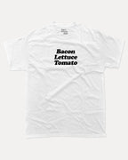 Bacon Lettuce Tomato graphic tee with bold and humorous print, Gife For Hamburger Lovers, Hamburger Graphic T shirt, Food Graphic T shirt, Craving Graphic Tee, funny and trendy graphic. Perfect for adults and gift-giving. White shirt.