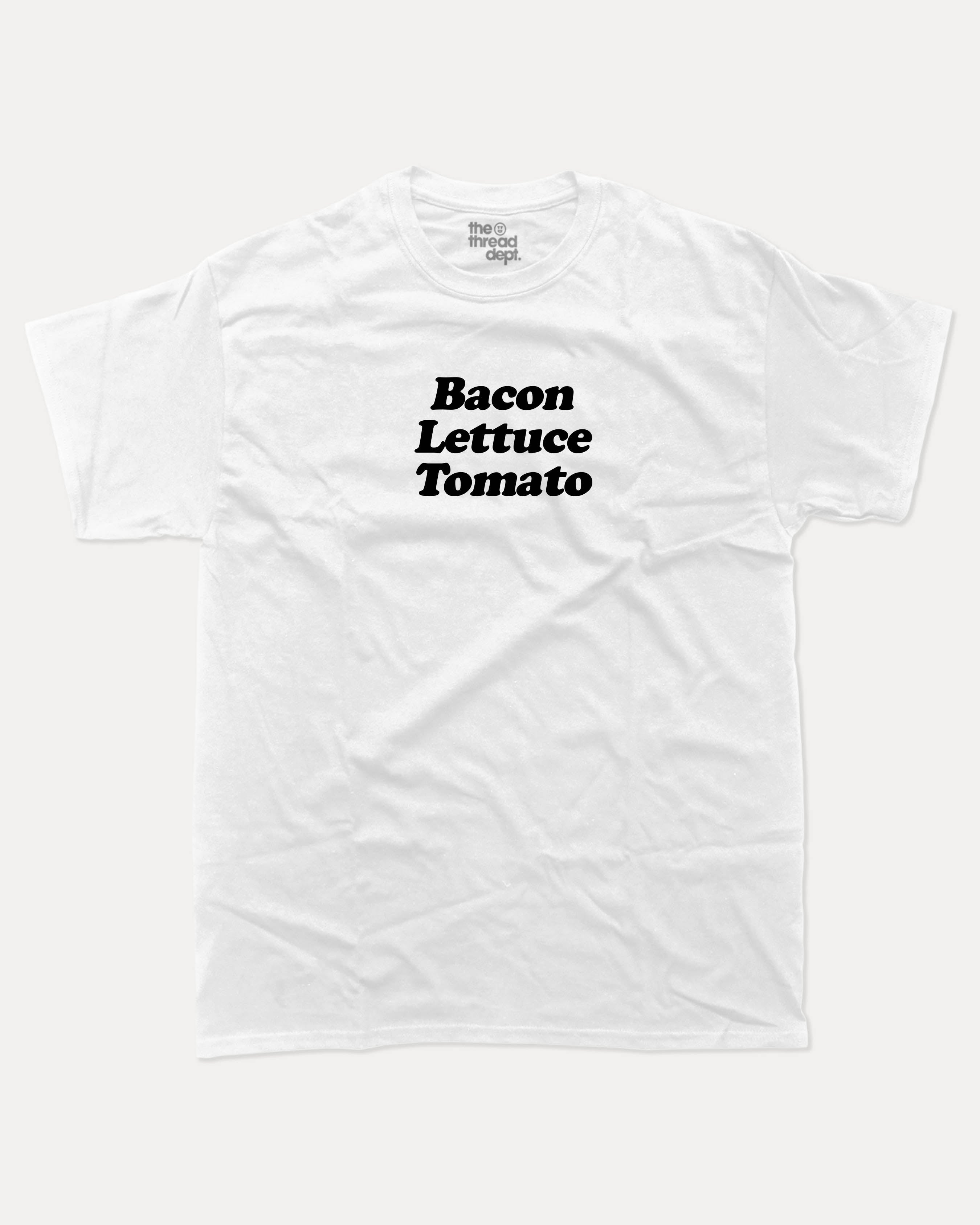 Bacon Lettuce Tomato graphic tee with bold and humorous print, Gife For Hamburger Lovers, Hamburger Graphic T shirt, Food Graphic T shirt, Craving Graphic Tee, funny and trendy graphic. Perfect for adults and gift-giving. White shirt.