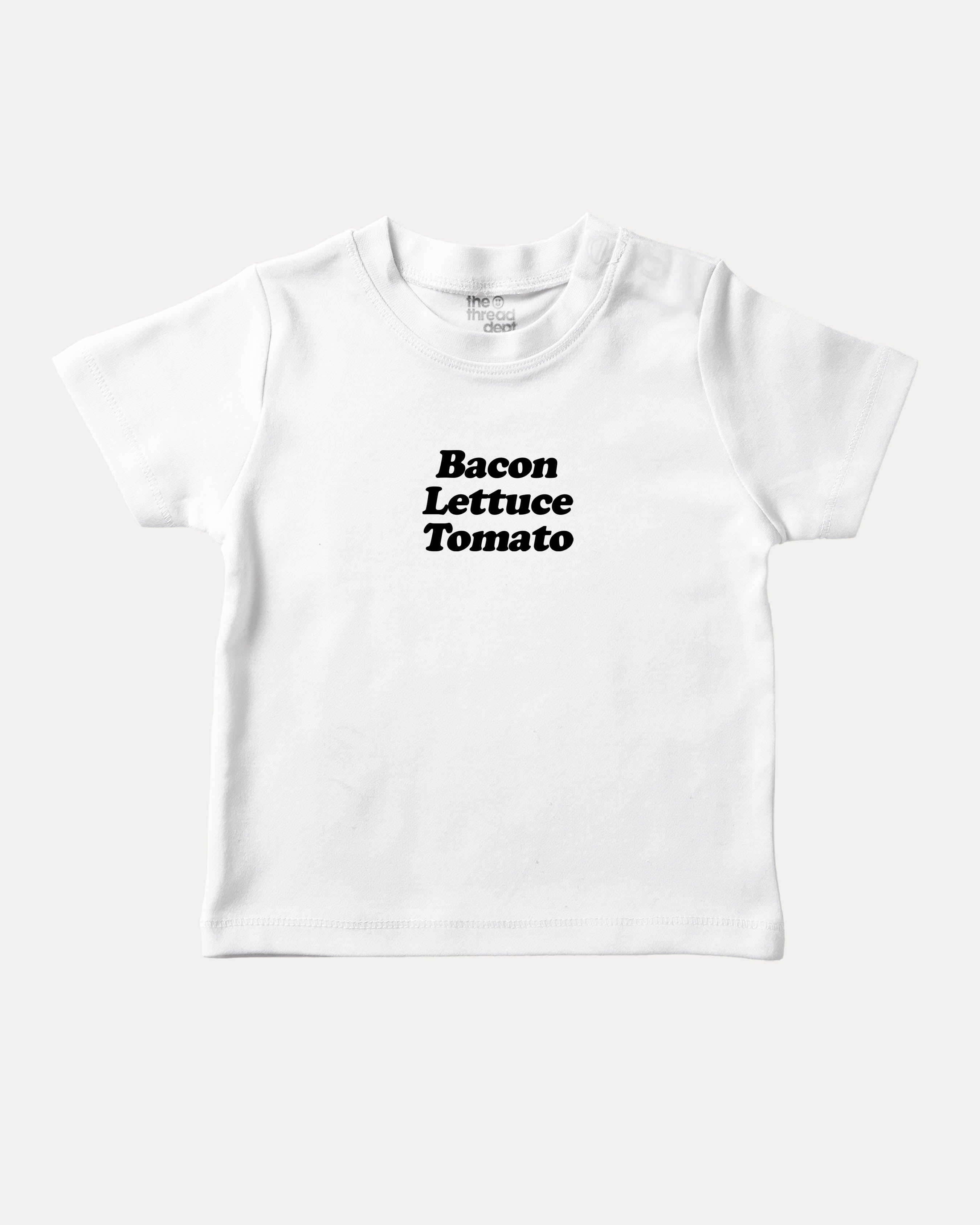 Bacon Lettuce Tomato graphic tee with bold and humorous print, Gife For Hamburger Lovers, Hamburger Graphic T shirt, Food Graphic T shirt, Craving Graphic Tee, funny and trendy graphic. Perfect for adults and gift-giving. White shirt.