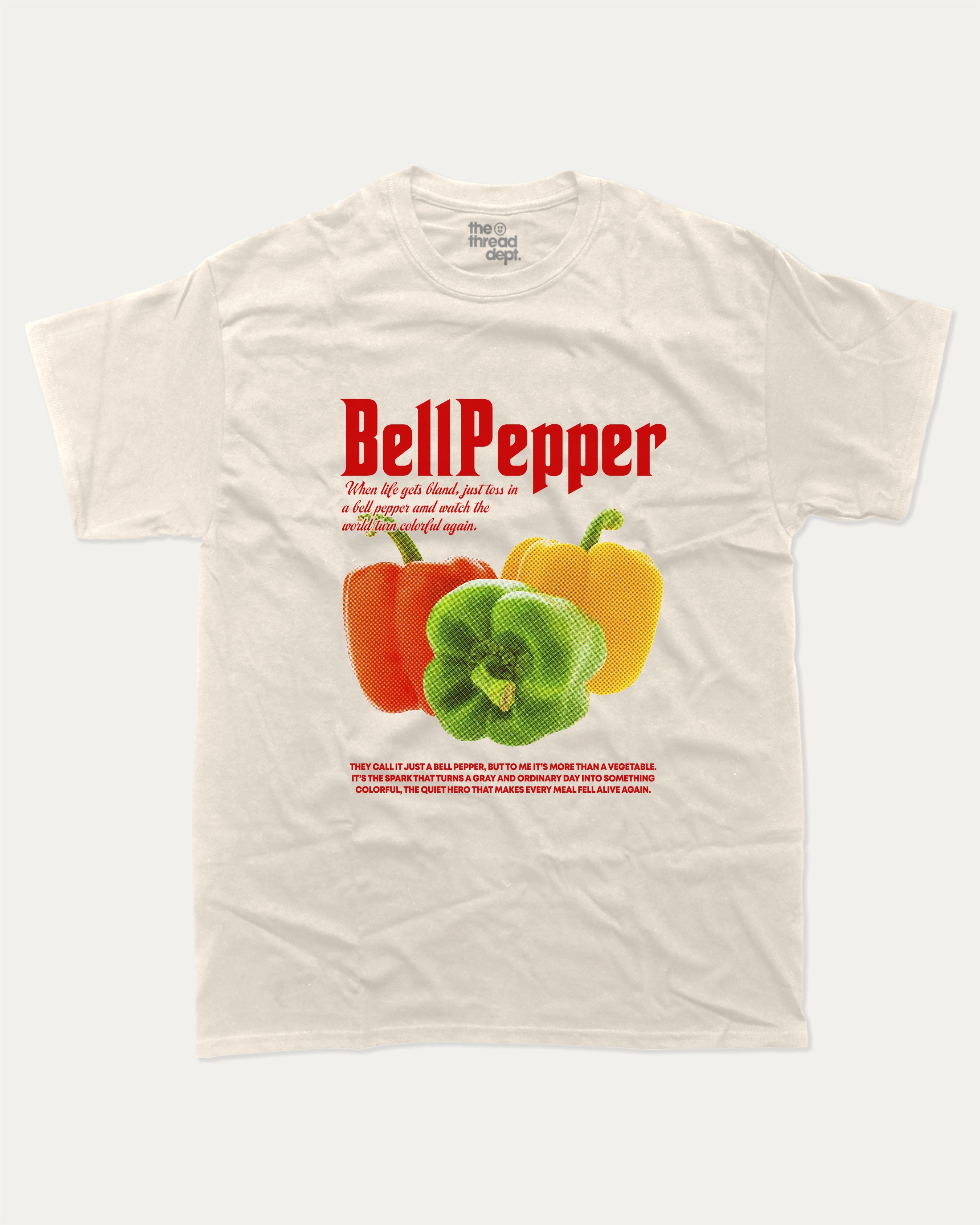Bell Pepper graphic tee with bold and humorous print, Funny Food Graphic T shirt, Food Graphic Tee, funny and trendy graphic. Perfect for adults and gift-giving. Cream shirt.