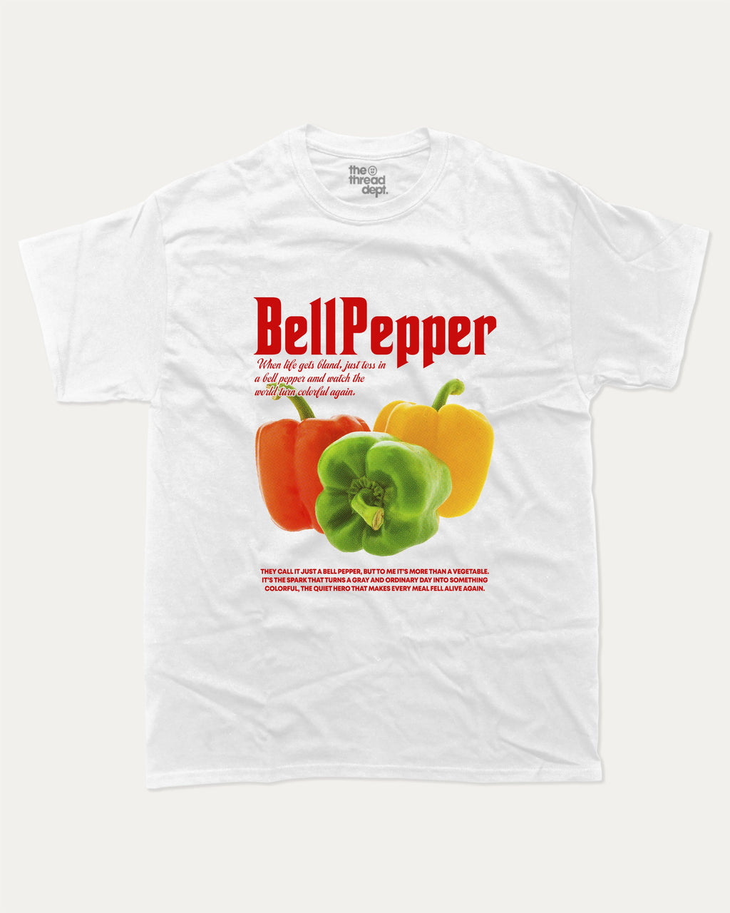 Bell Pepper graphic tee with bold and humorous print, Funny Food Graphic T shirt, Food Graphic Tee, funny and trendy graphic. Perfect for adults and gift-giving. White shirt.