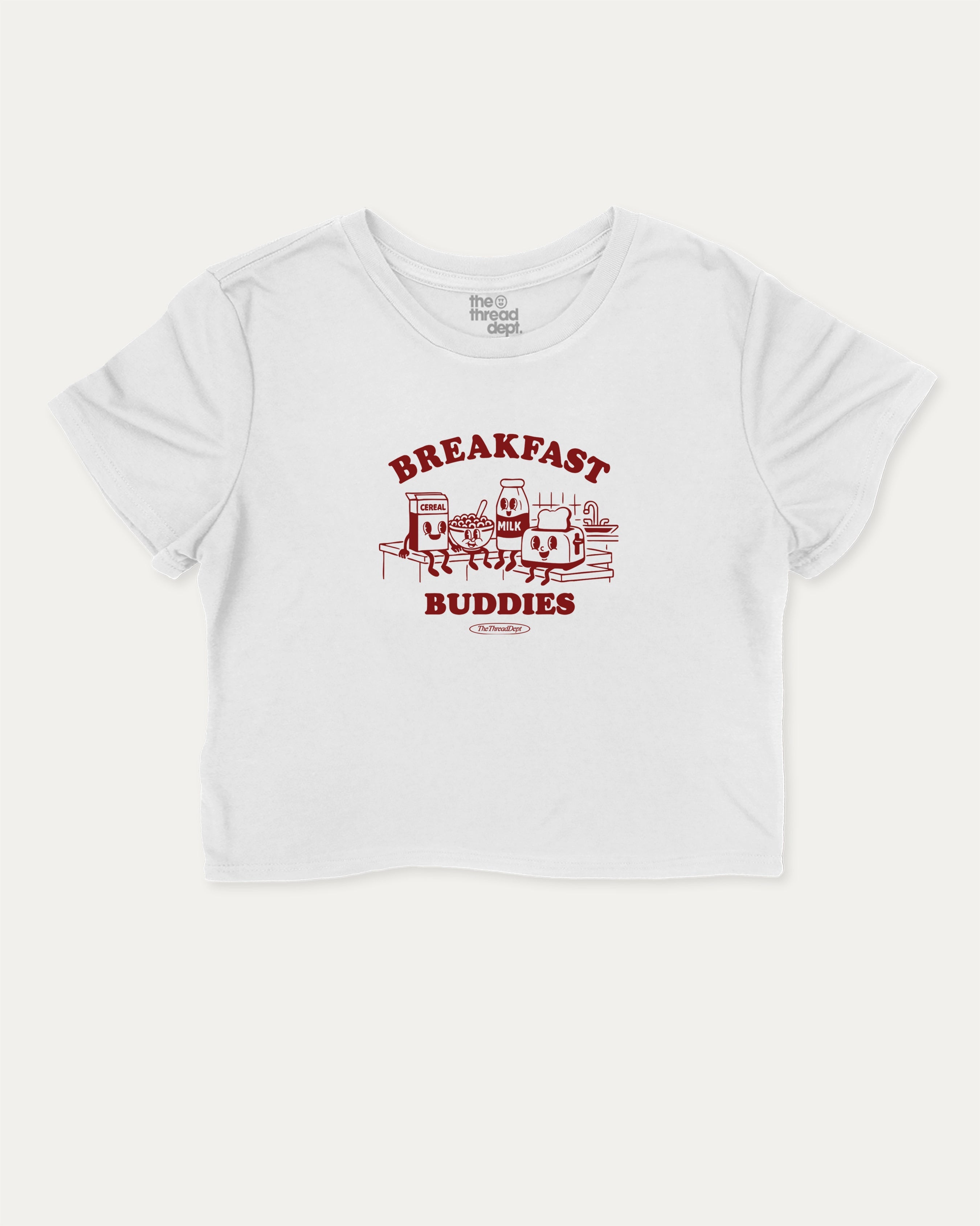 Breakfast Buddies graphic crop tee with funny and trendy slogan print, perfect for women_ casual looks or layering. White crop t-shirt.
