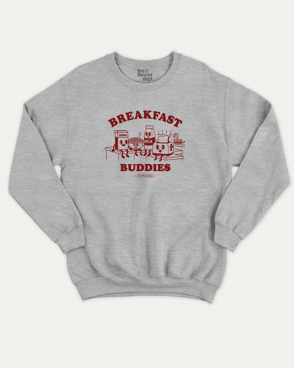 Breakfast Buddies graphic sweatshirt with bold and humorous print, warm and cozy graphic for everyday wear. Perfect for adults and gift-giving. Heather Grey pullover.