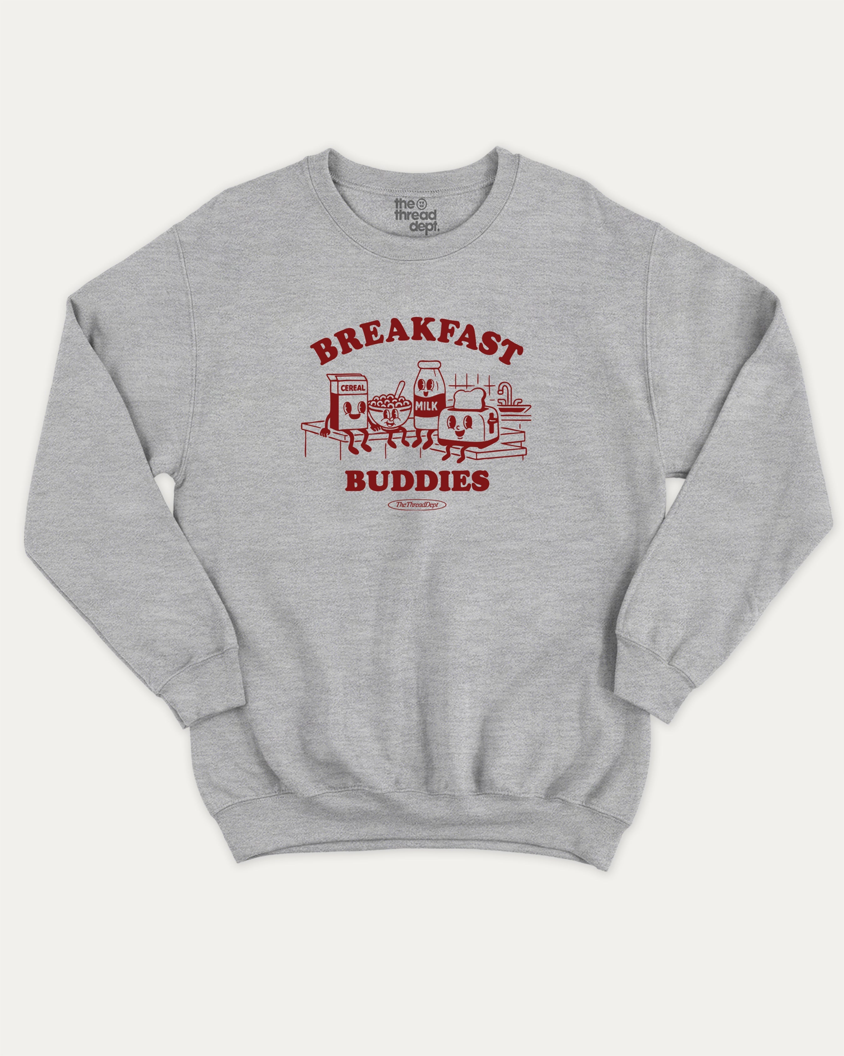 Breakfast Buddies graphic sweatshirt with bold and humorous print, warm and cozy graphic for everyday wear. Perfect for adults and gift-giving. Heather Grey pullover.
