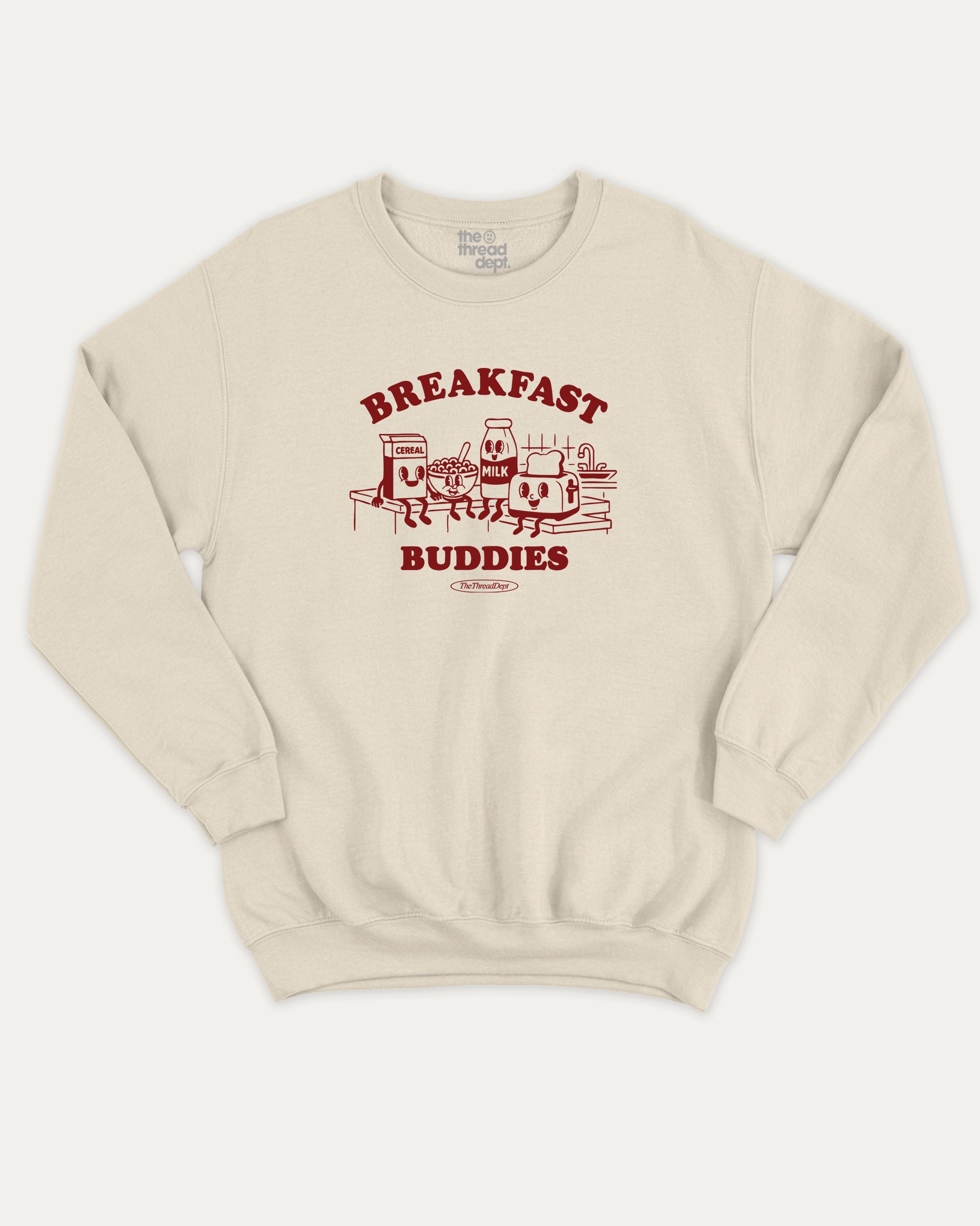 Breakfast Buddies graphic sweatshirt with bold and humorous print, warm and cozy graphic for everyday wear. Perfect for adults and gift-giving. Natural pullover.