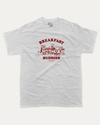 Breakfast Buddies graphic tee with bold and humorous print, funny breakfast club graphic. Perfect for adults and gift-giving. Ash Grey shirt.