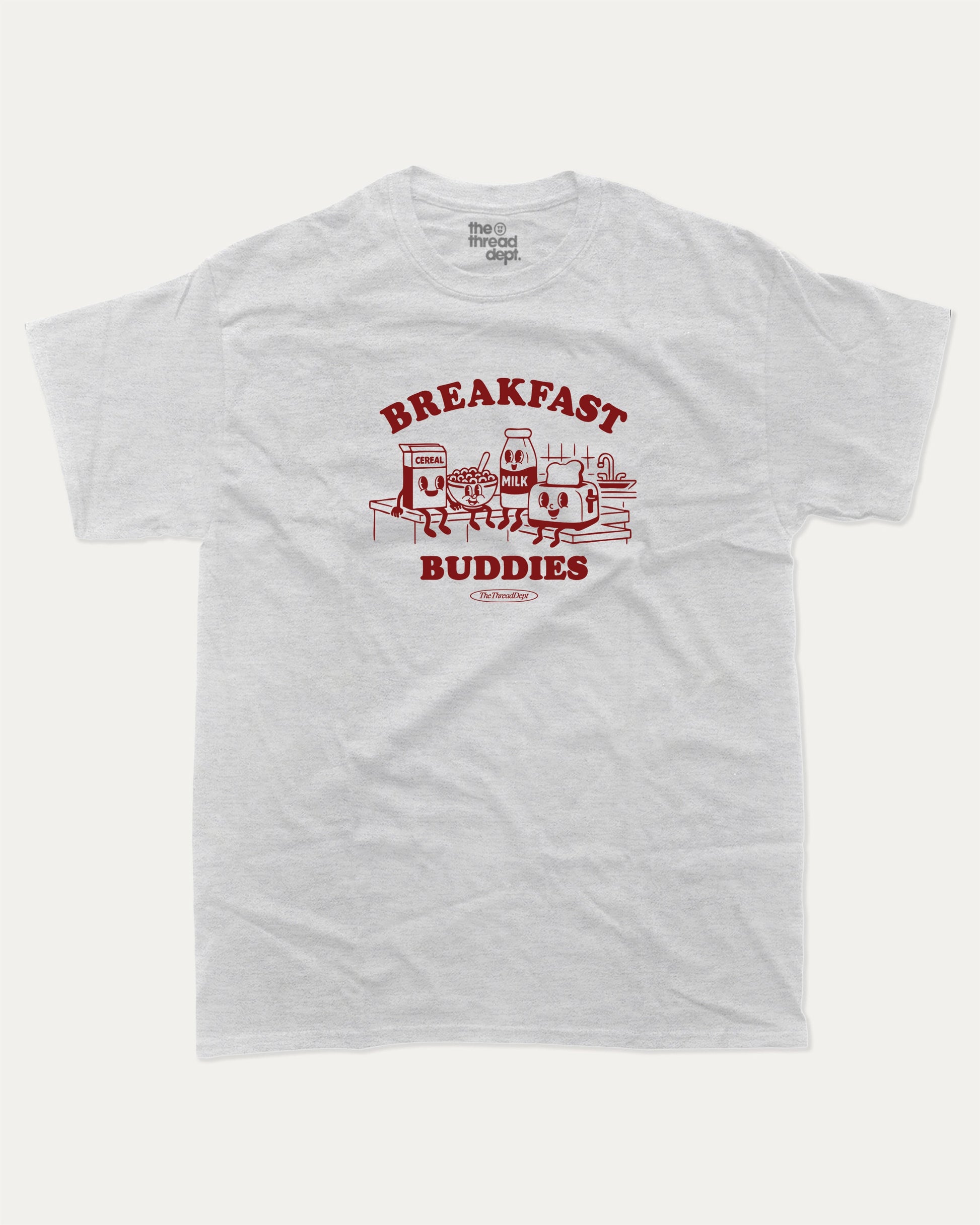 Breakfast Buddies graphic tee with bold and humorous print, funny breakfast club graphic. Perfect for adults and gift-giving. Ash Grey shirt.