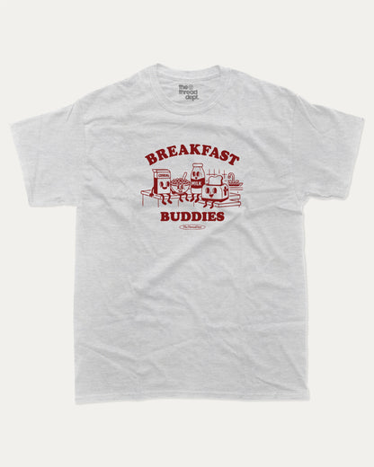 Breakfast Buddies graphic tee with bold and humorous print, funny breakfast club graphic. Perfect for adults and gift-giving. Ash Grey shirt.