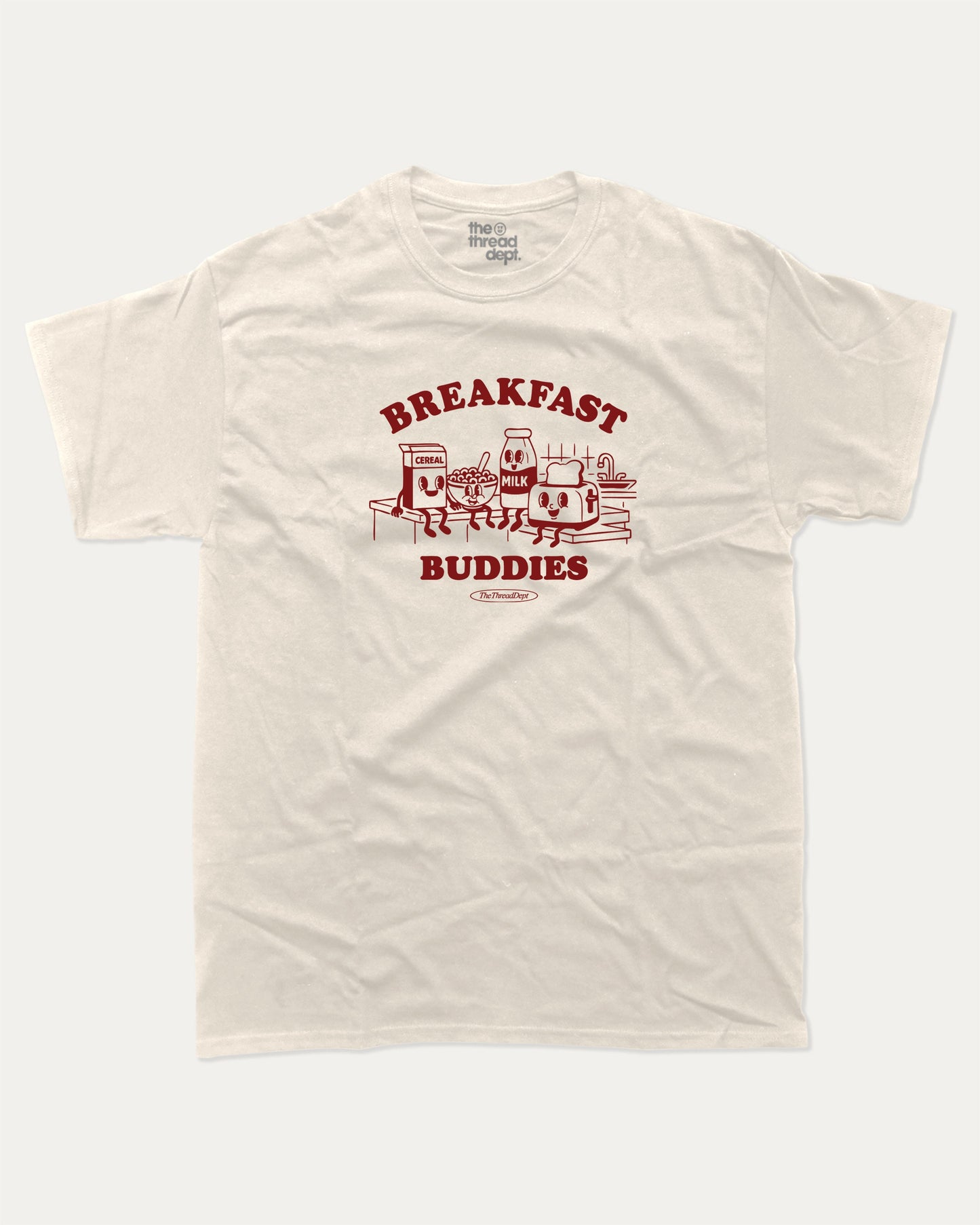 Breakfast Buddies graphic tee with bold and humorous print, funny breakfast club graphic. Perfect for adults and gift-giving. Cream shirt.