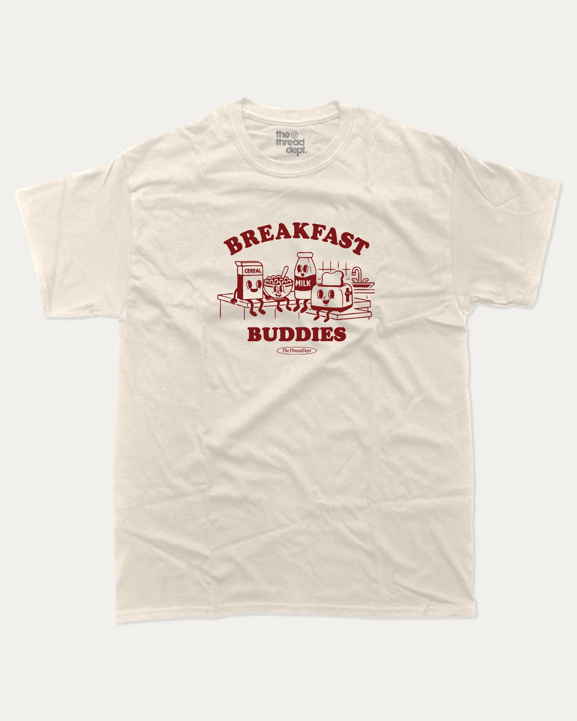 Breakfast Buddies graphic tee with bold and humorous print, funny breakfast club graphic. Perfect for adults and gift-giving. Cream shirt.