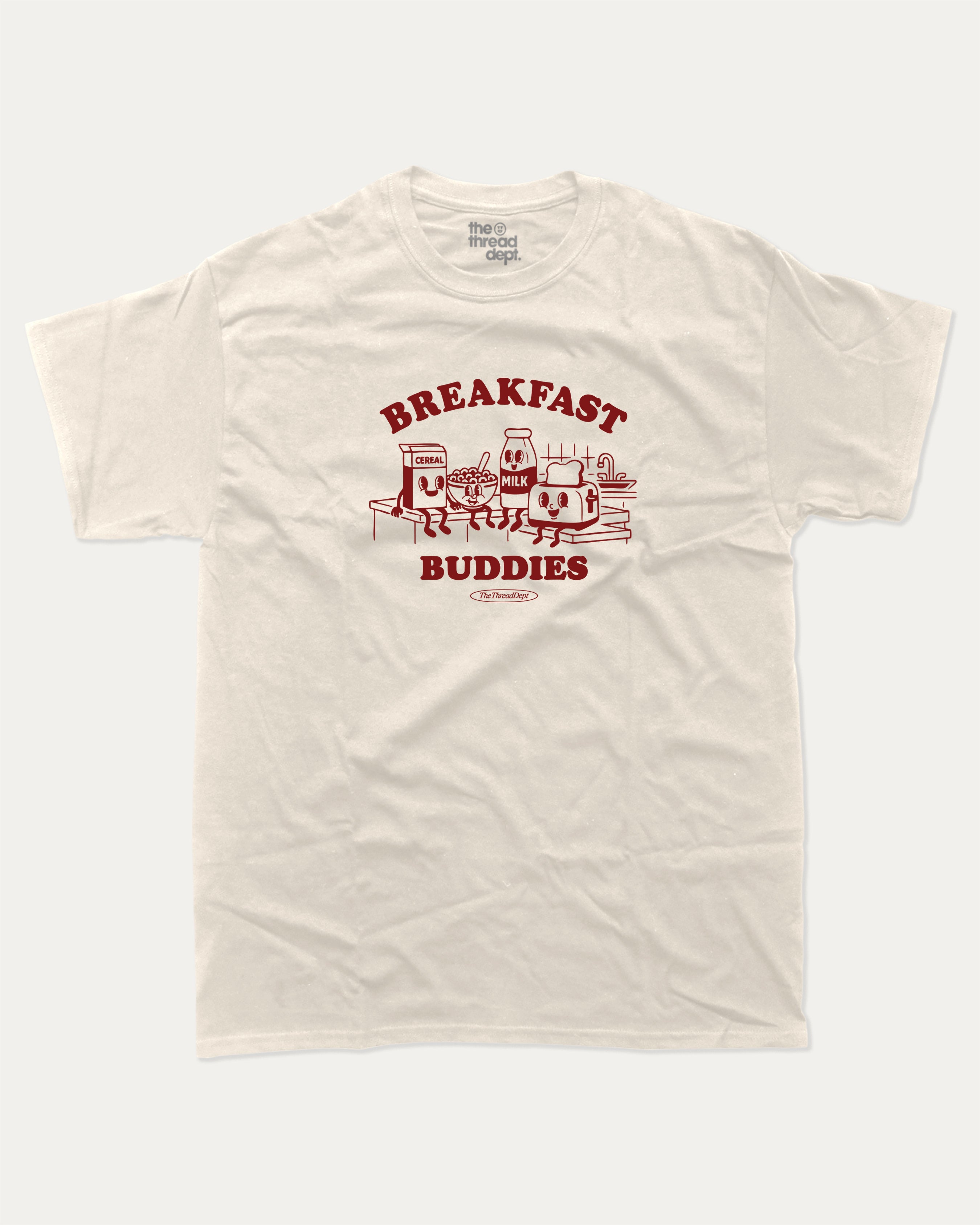 Breakfast Buddies graphic tee with bold and humorous print, funny breakfast club graphic. Perfect for adults and gift-giving. Cream shirt.