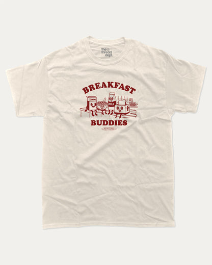 Breakfast Buddies graphic tee with bold and humorous print, funny breakfast club graphic. Perfect for adults and gift-giving. Cream shirt.