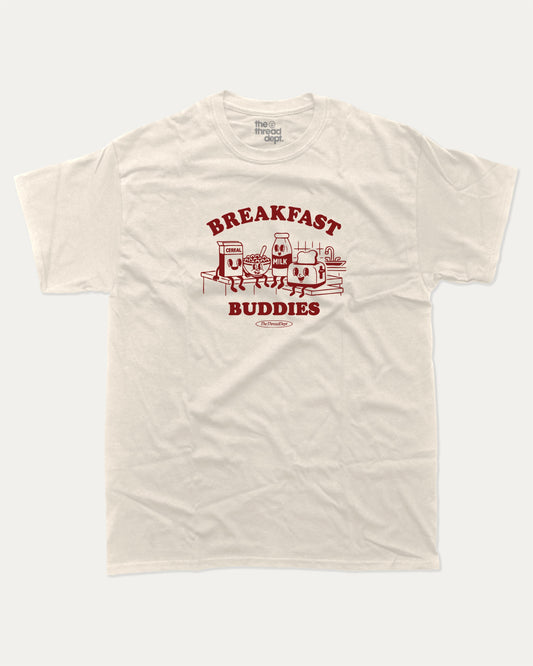 Breakfast Buddies graphic tee with bold and humorous print, funny breakfast club graphic. Perfect for adults and gift-giving. Cream shirt.