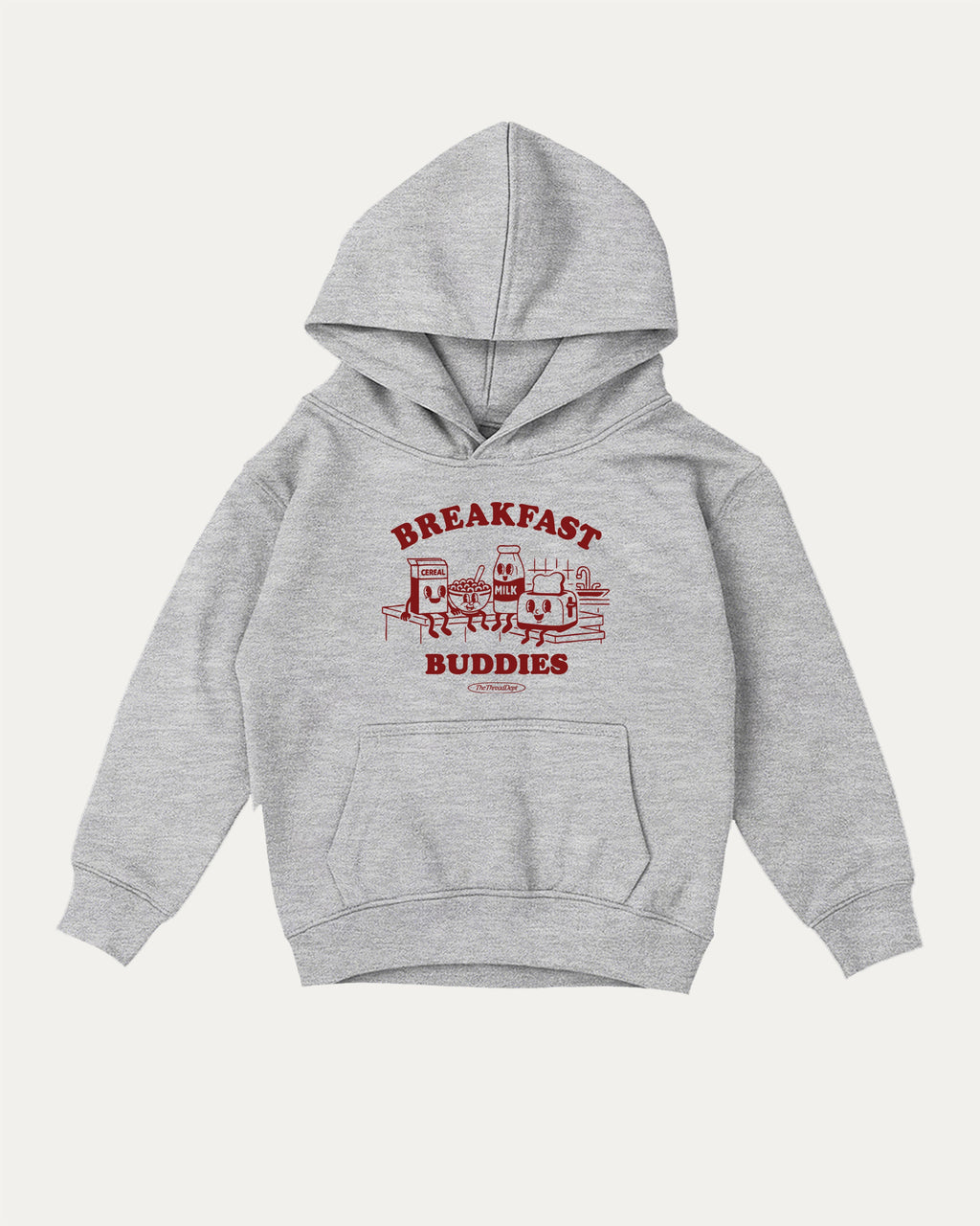 Breakfast Buddies kids graphic hoodie with cozy fit and fun design, perfect for school, play, and gifting. Heather Grey kids sweater.