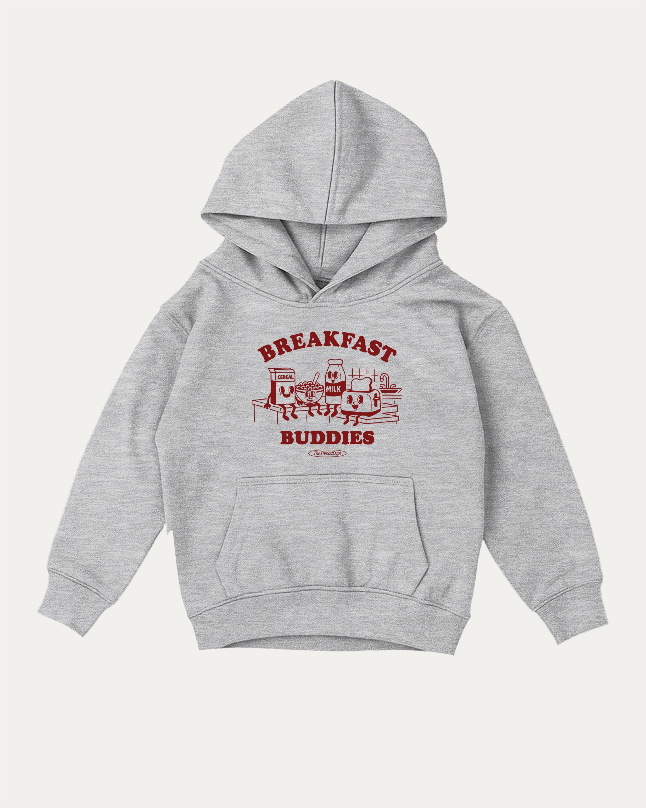 Breakfast Buddies kids graphic hoodie with cozy fit and fun design, perfect for school, play, and gifting. Heather Grey kids sweater.