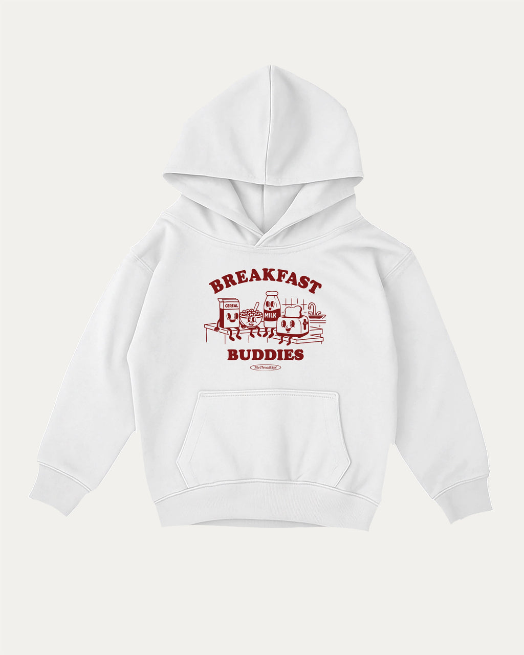 Breakfast Buddies kids graphic hoodie with cozy fit and fun design, perfect for school, play, and gifting. White kids sweater.