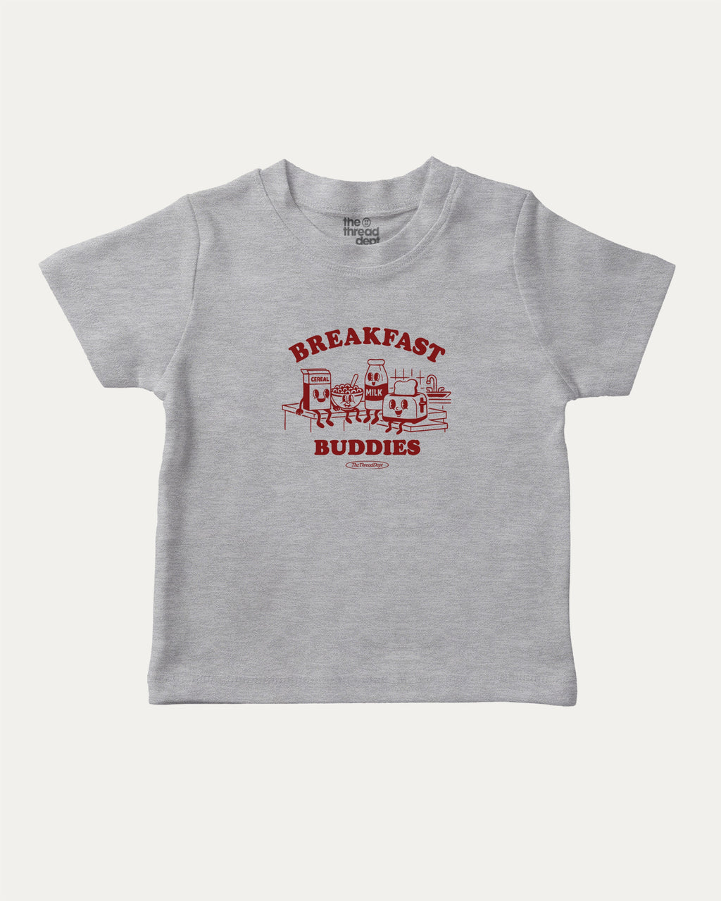 Breakfast Buddies graphic tee with bold and humorous print, breakfast club graphic. Perfect for adults and gift-giving. Heather Grey shirt.