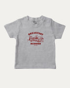 Breakfast Buddies graphic tee with bold and humorous print, breakfast club graphic. Perfect for adults and gift-giving. Heather Grey shirt.