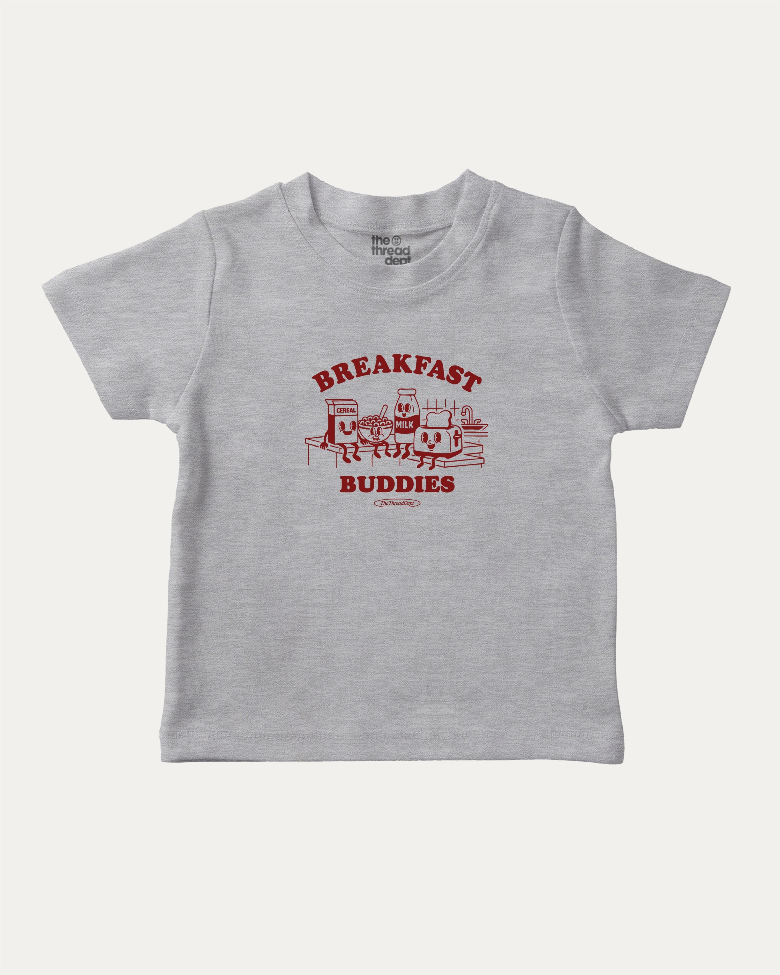 Breakfast Buddies graphic tee with bold and humorous print, breakfast club graphic. Perfect for adults and gift-giving. Heather Grey shirt.