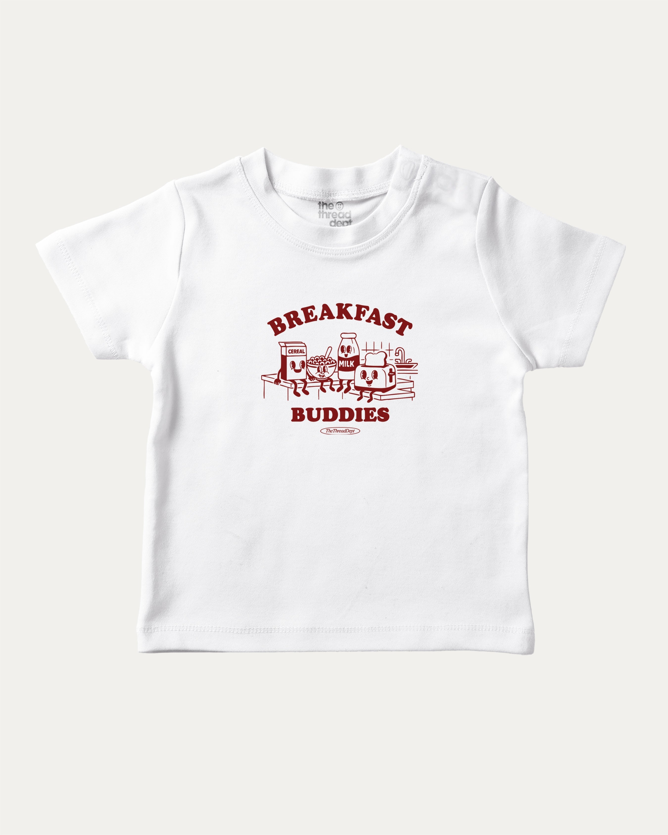 Breakfast Buddies graphic tee with bold and humorous print, breakfast club graphic. Perfect for adults and gift-giving. White shirt.