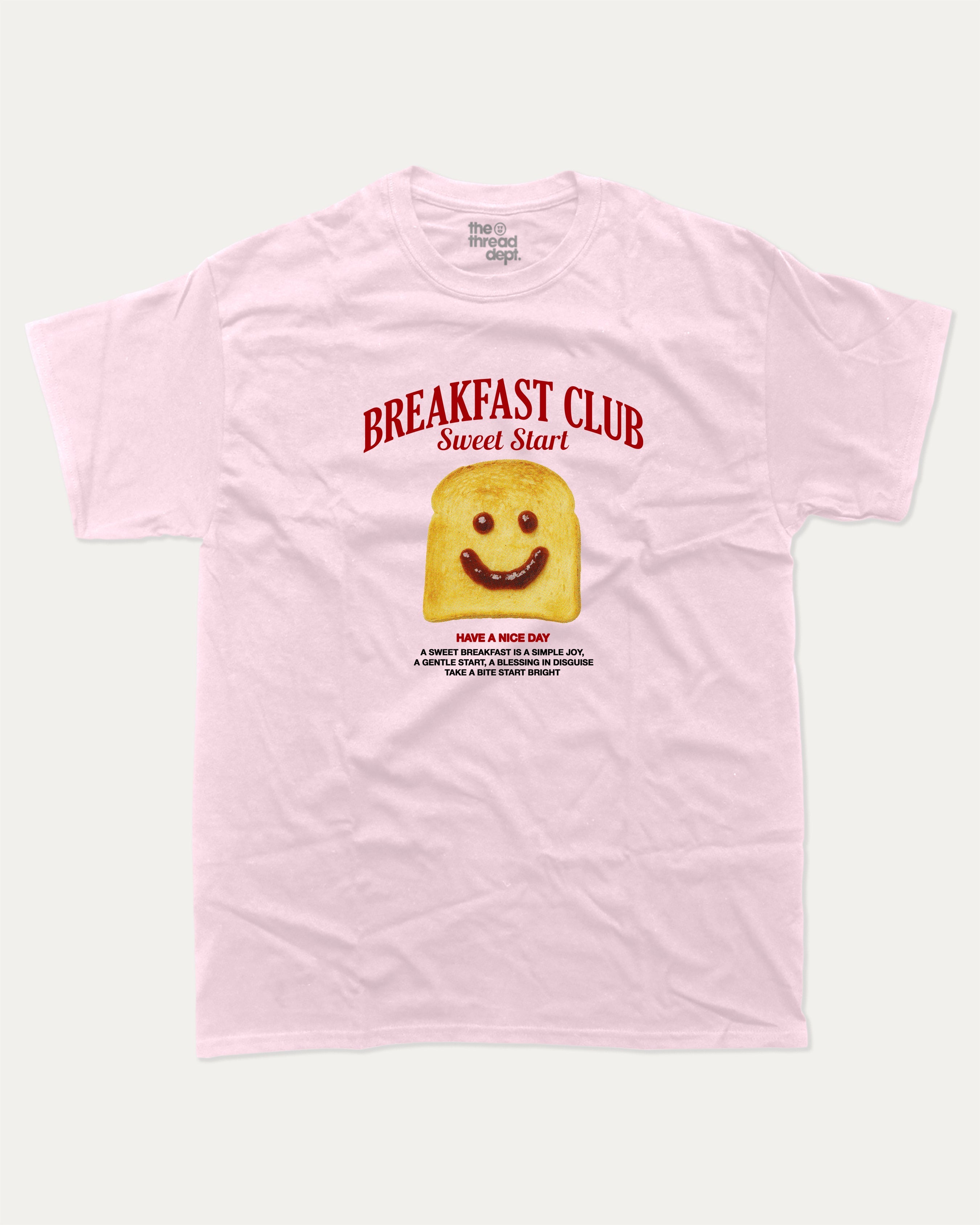 Breakfast Club graphic tee with bold and humorous print, funny and trendy graphic. Food Graphic Tee, Pun Graphic T shirt, Toast Graphic T shirt,  Perfect for adults and gift-giving. Pink shirt.
