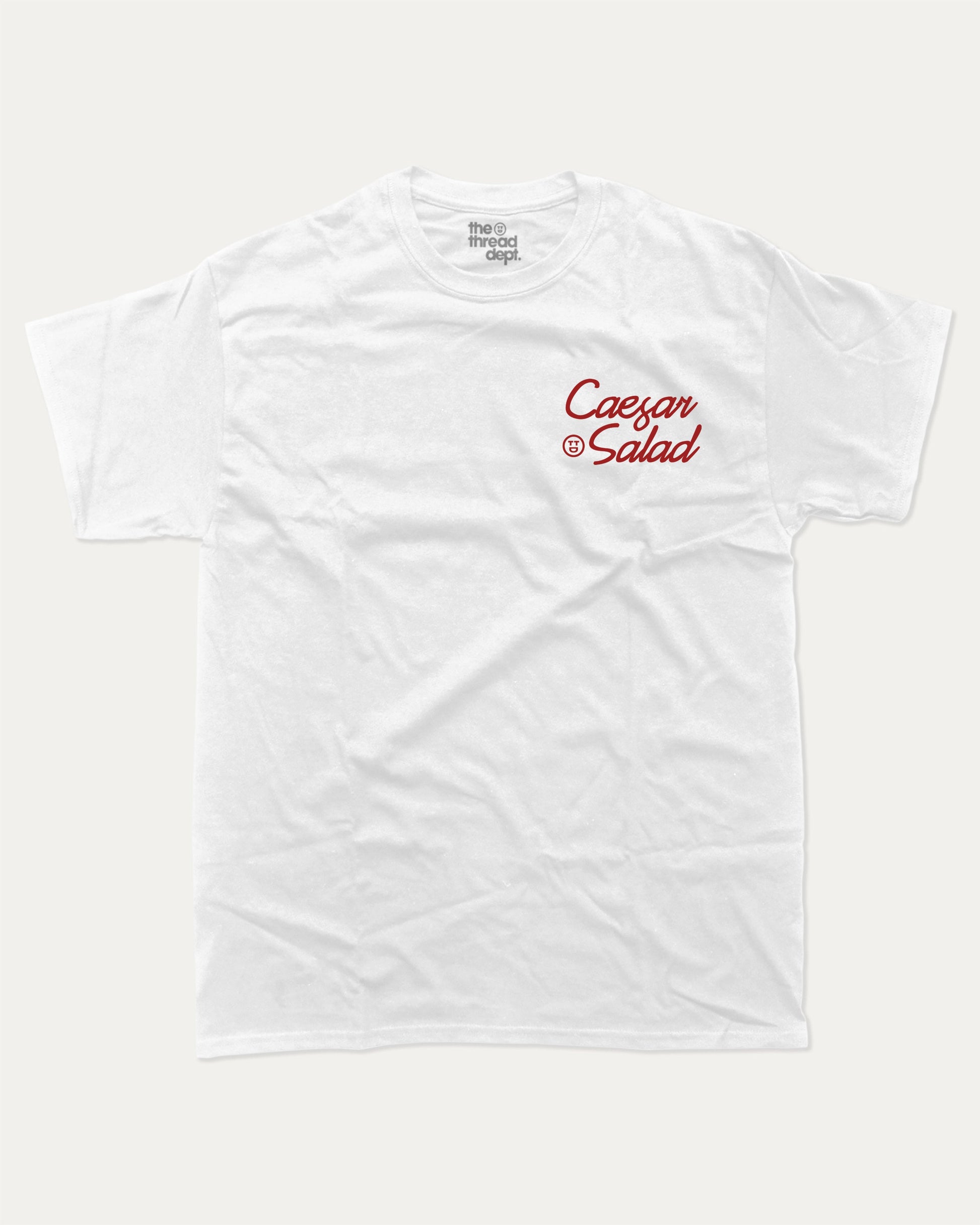Caesar Salad graphic t-shirt, perfect for adults. A must-have funny tee, trending meme shirt, unique gift idea. White.