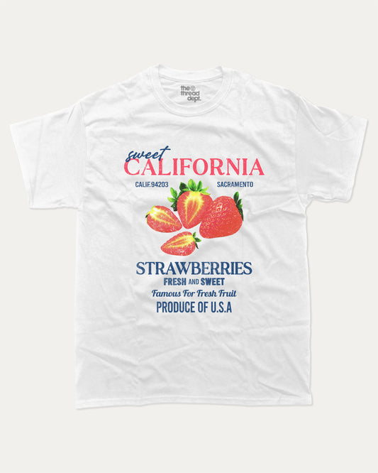 California Strawberries graphic crop tee, Fresh Fruit Graphic T shirt, Strawberries T shirt, Retro Vintage Graphic T shirt, A must-have funny tee, trending meme shirt, unique gift idea. White.