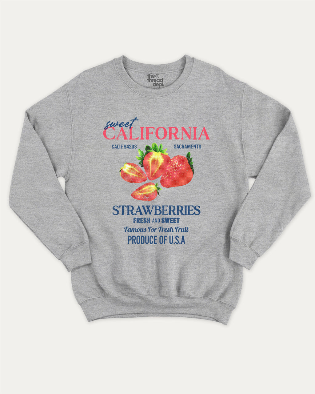 California Strawberries graphic sweatshirt with vintage strawberry graphic, warm and cozy graphic for everyday wear. Perfect for adults and gift-giving. Heather Grey pullover.