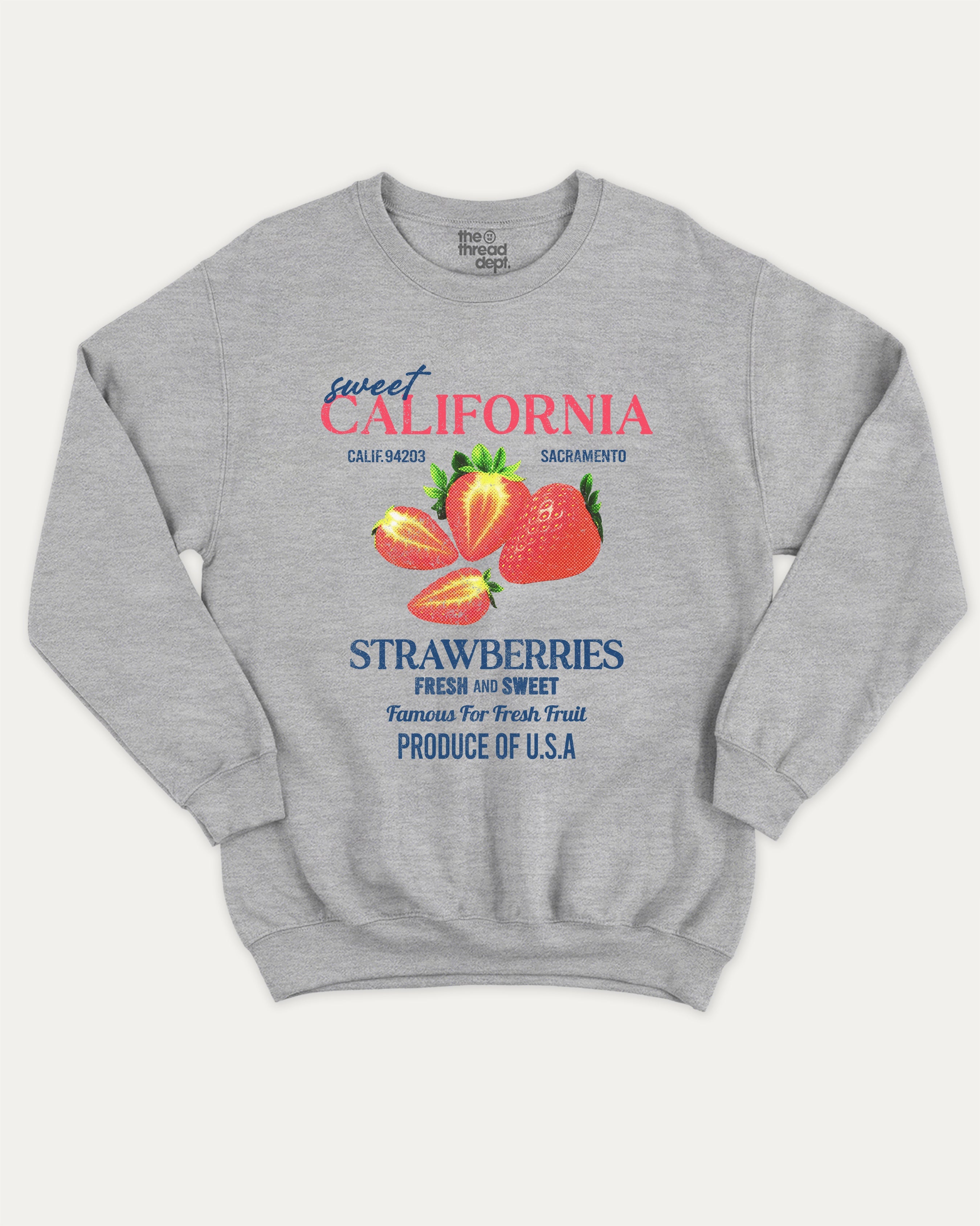 California Strawberries graphic sweatshirt with vintage strawberry graphic, warm and cozy graphic for everyday wear. Perfect for adults and gift-giving. Heather Grey pullover.