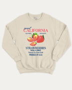 California Strawberries graphic sweatshirt with vintage strawberry graphic, warm and cozy graphic for everyday wear. Perfect for adults and gift-giving. Natural pullover.