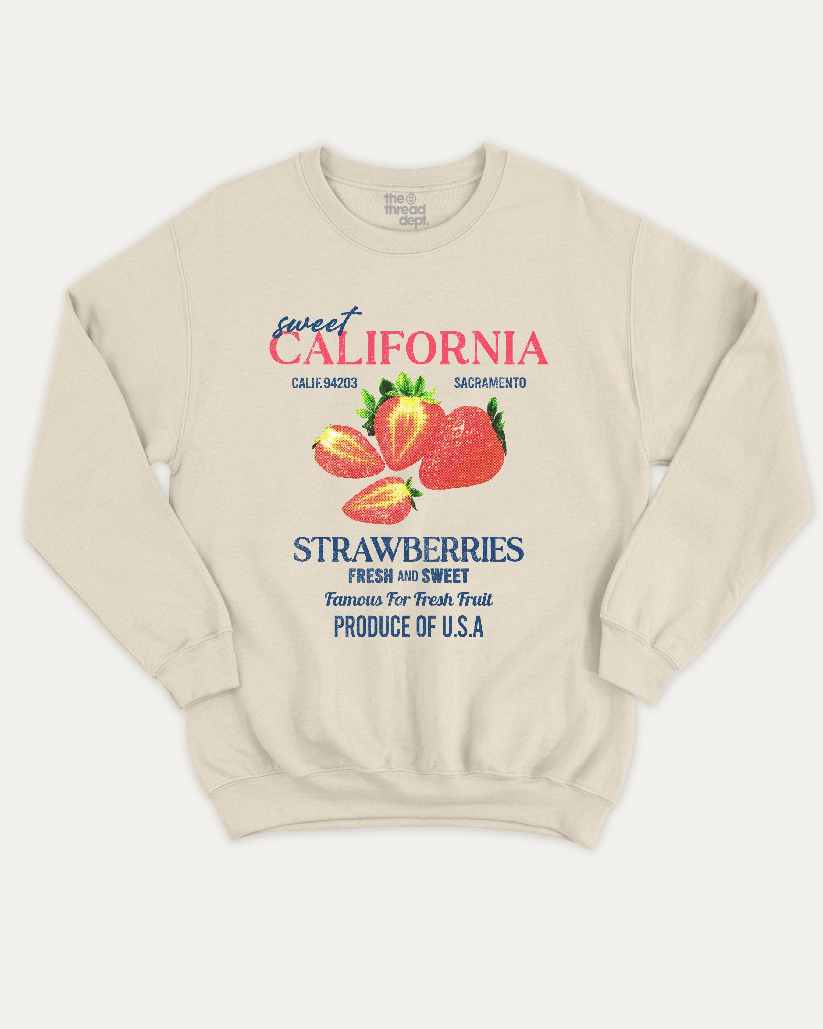 California Strawberries graphic sweatshirt with vintage strawberry graphic, warm and cozy graphic for everyday wear. Perfect for adults and gift-giving. Natural pullover.