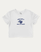 Can I Get A Side Of Ranch graphic crop tee with funny sauce print, perfect for women_ casual looks or layering. White crop t-shirt.