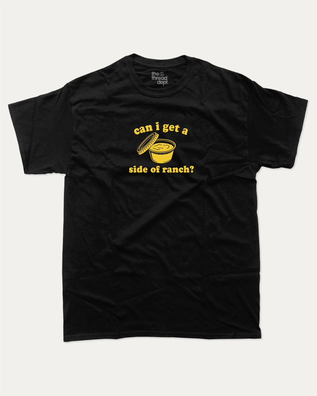 Can I Get A Side Of Ranch graphic tee with retro and humorous print, funny ranch graphic. Perfect for adults and gift-giving. Black shirt.